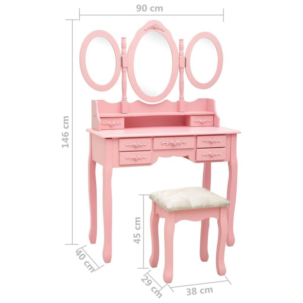 VIDAXL Coiffeuse avec tabouret et miroir pliable en 3 Rose
