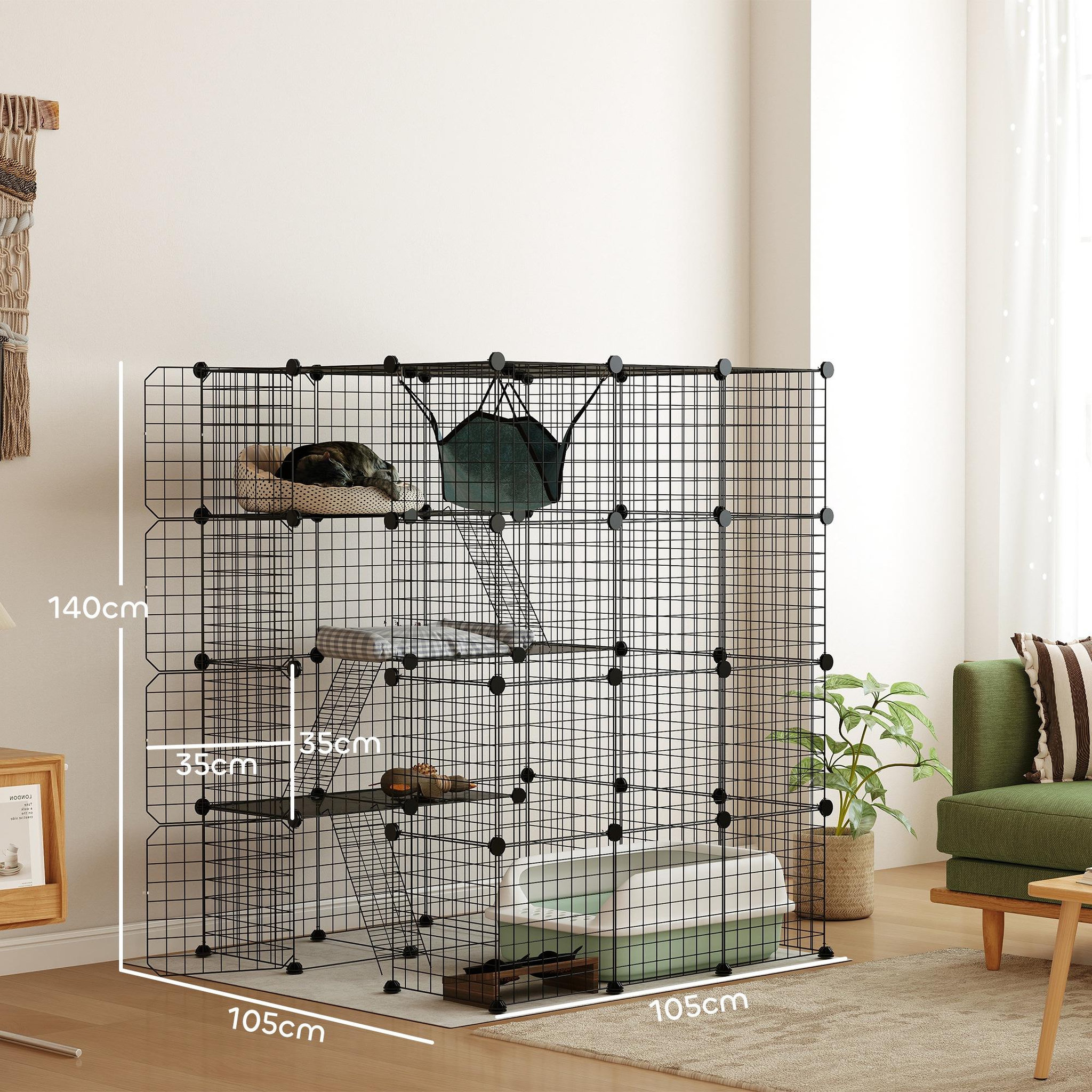 Voir la diapositive 3 : PAWHUT Cage chat intérieur - parc chat diy - 4 niv. 5 portes hamac plateformes rampes - acier noir
