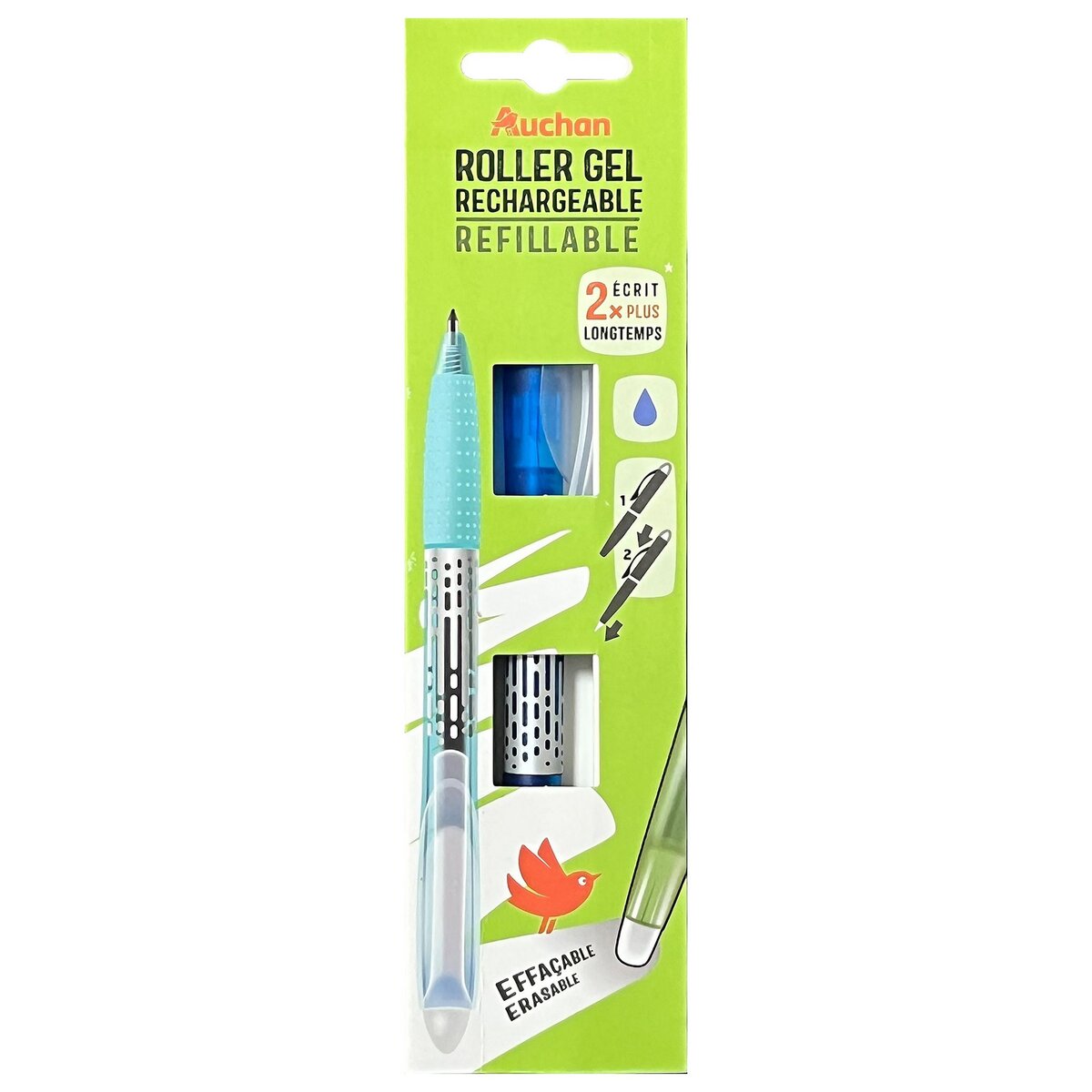 AUCHAN Stylo roller gel effaçable rétractable encre bleue