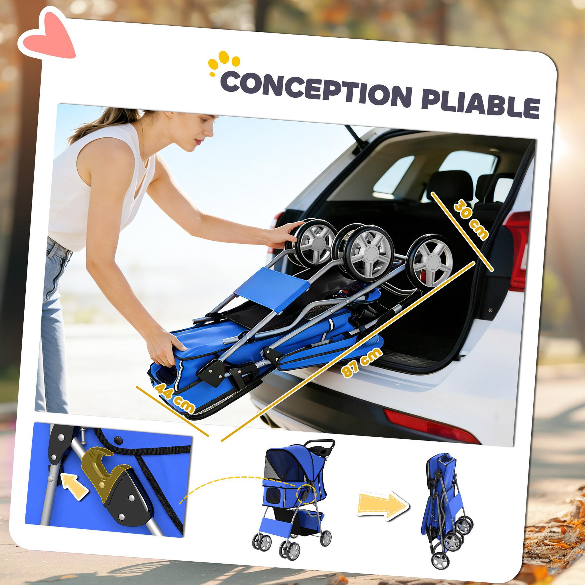 Voir la diapositive 4 : PAWHUT Poussette buggy pliable chien chat porte-gobelet panier de rangement inclus 4 roues bleu