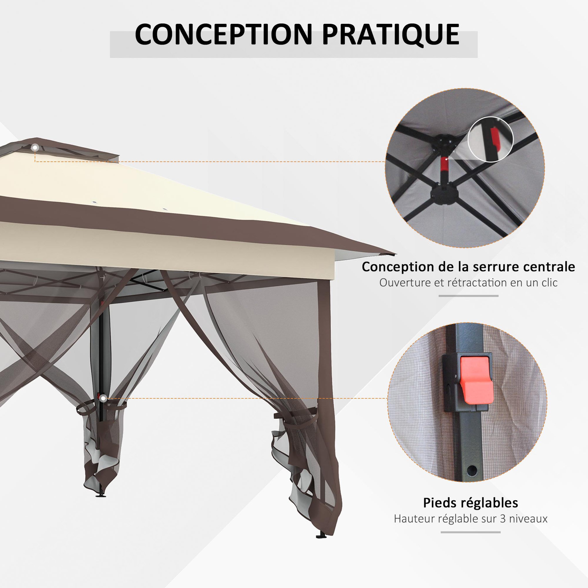 Voir la diapositive 6 : OUTSUNNY Tonnelle barnum de jardin pop-up pliant 3,64L x 3,64l x 2,98H m acier polyester moustiquaires + sac de transport à roulettes beige marron