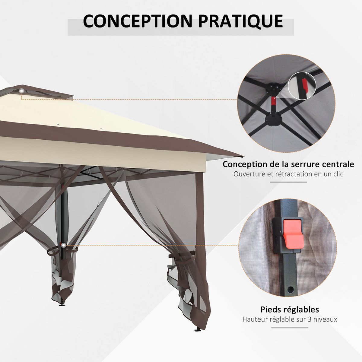 OUTSUNNY Tonnelle barnum de jardin pop-up pliant 3,64L x 3,64l x 2,98H m acier polyester moustiquaires + sac de transport à roulettes beige marron