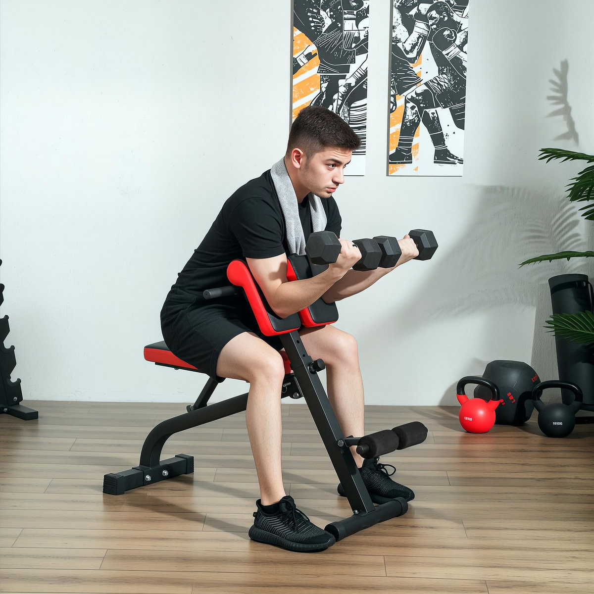 HOMCOM Banc de musculation 150L x 150l x 76H cm hauteur coussin abdominal réglable 7 niveaux dossier rembourré acier noir rouge