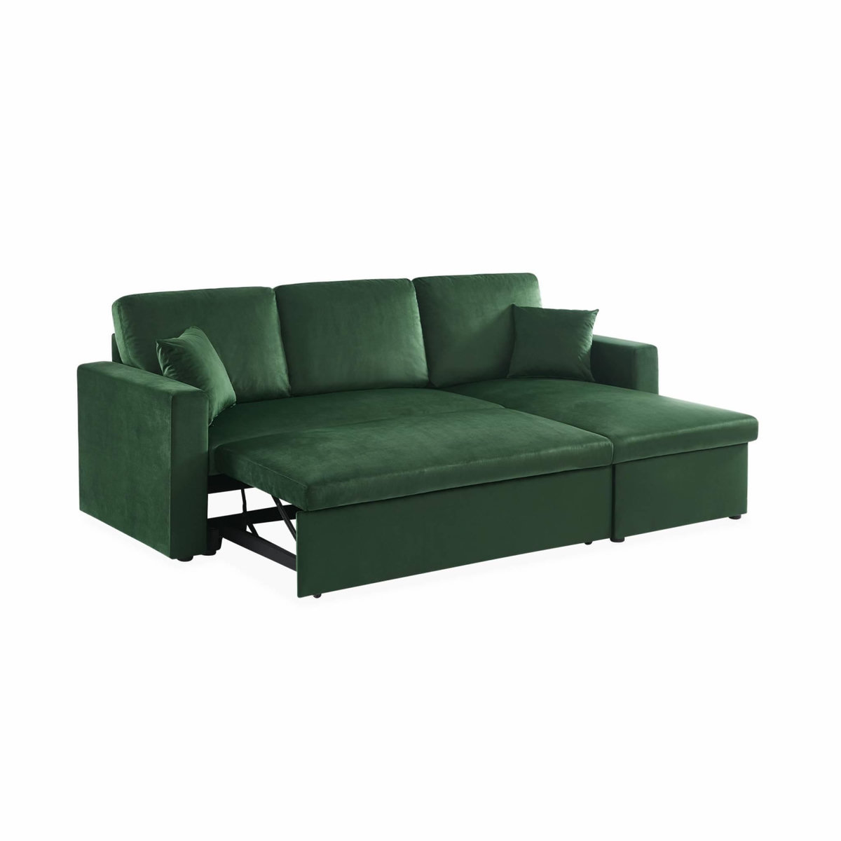 SWEEEK Canapé d'angle convertible en velours vert anglais 3 places. fauteuil d'angle réversible coffre rangement lit modulable