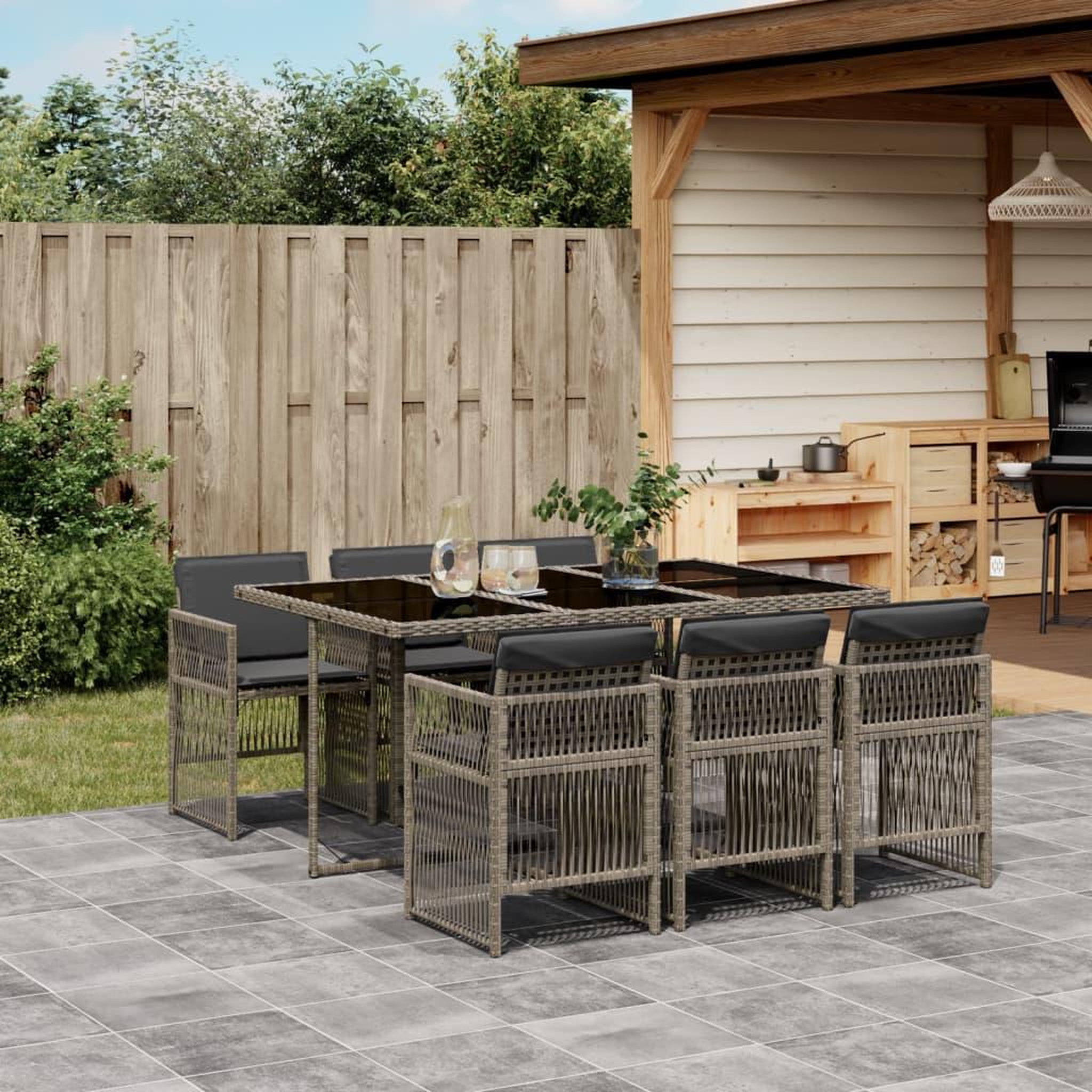 VIDAXL Ensemble a manger de jardin et coussins 7 pcs gris rotin