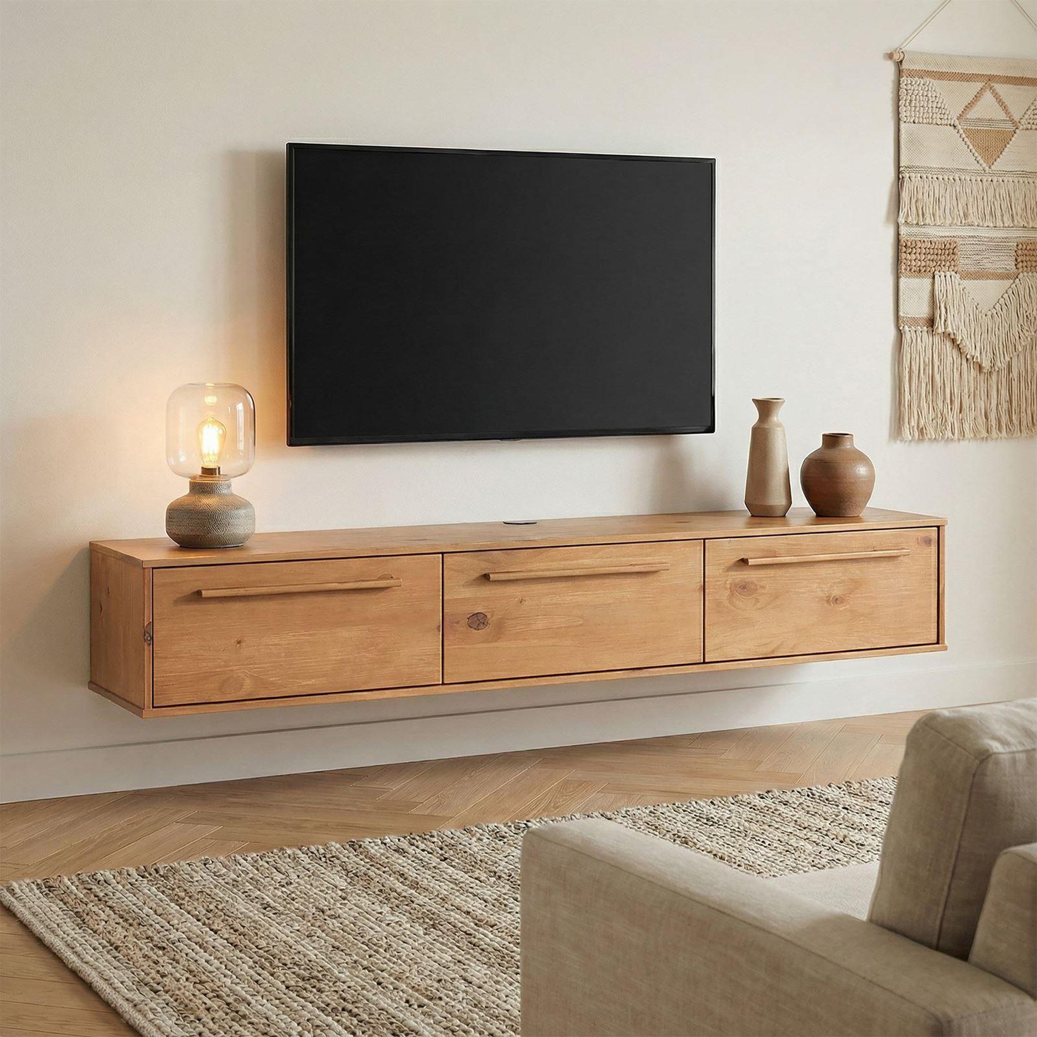 Voir la diapositive 2 : IDIMEX Meuble tv suspendu tecca l 180 cm 3 portes en bois massif