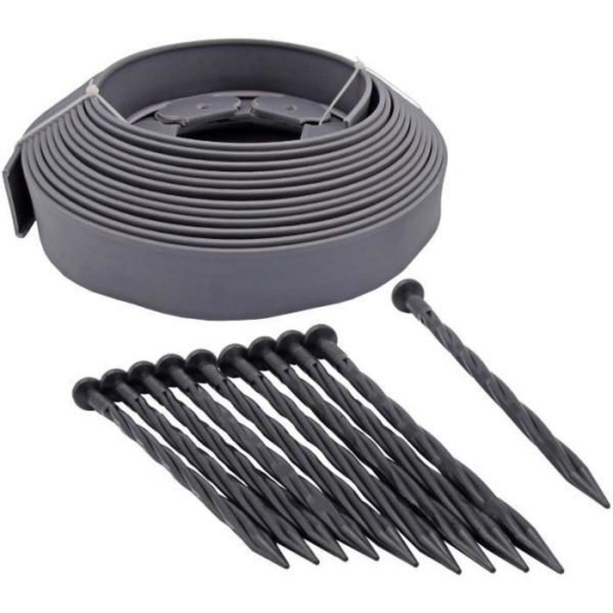 NATURE Bordure a gazon - NATURE - Gris - Rouleau - PE épaisseur 4 mm - H5 cm x 10 m - 10 clous torsadés noir - H20cm x 8 mm