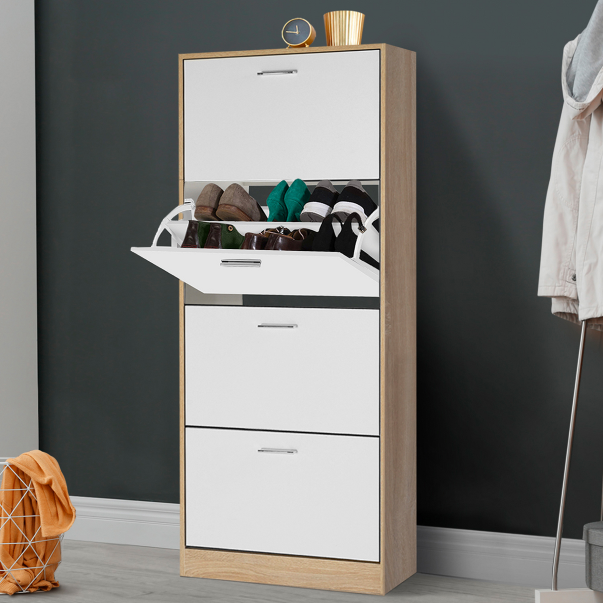 ID MARKET Meuble à chaussures 24 paires KLARK imitation hêtre 4 portes blanches