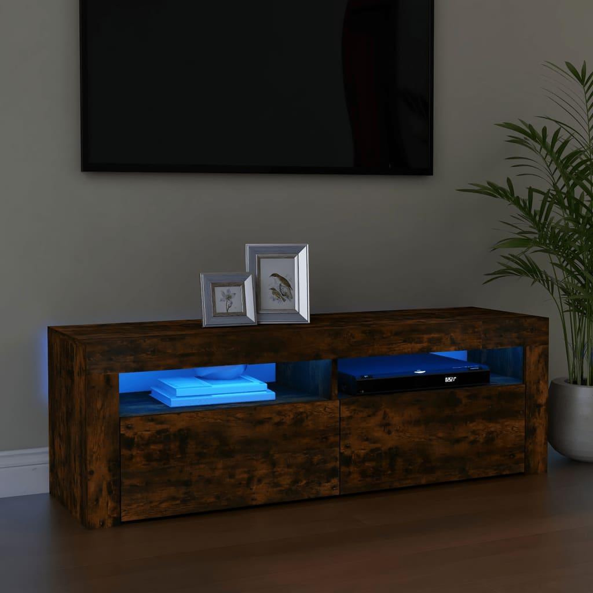 Voir la diapositive 1 : VIDAXL Meuble TV avec lumieres LED Chene fume 120x35x40 cm