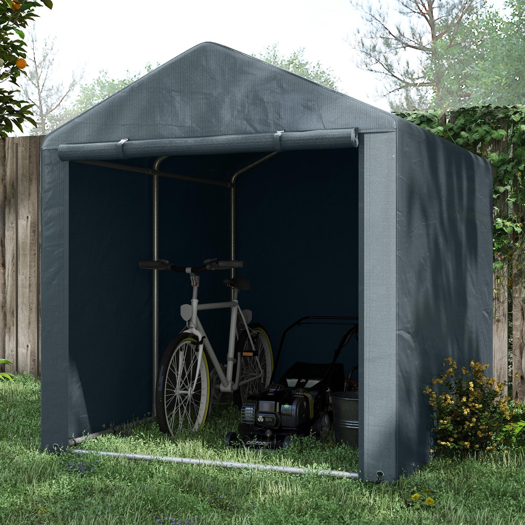 Voir la diapositive 4 : OUTSUNNY Abri de jardin tente de stockage portable abri de vélo garage pour extérieur avec cadre en acier galvanisé et grande porte, 1,6 x 2,2 m gris foncé