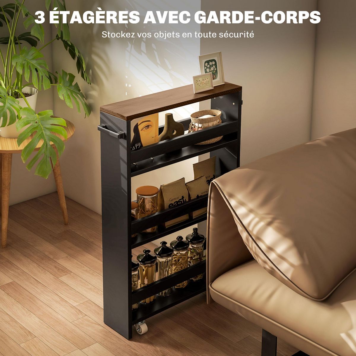 HOMCOM Chariot de rangement desserte à roulettes avec 3 niveaux de rangement et poignée, dim. 51,5l x 13P x 80H cm, noir