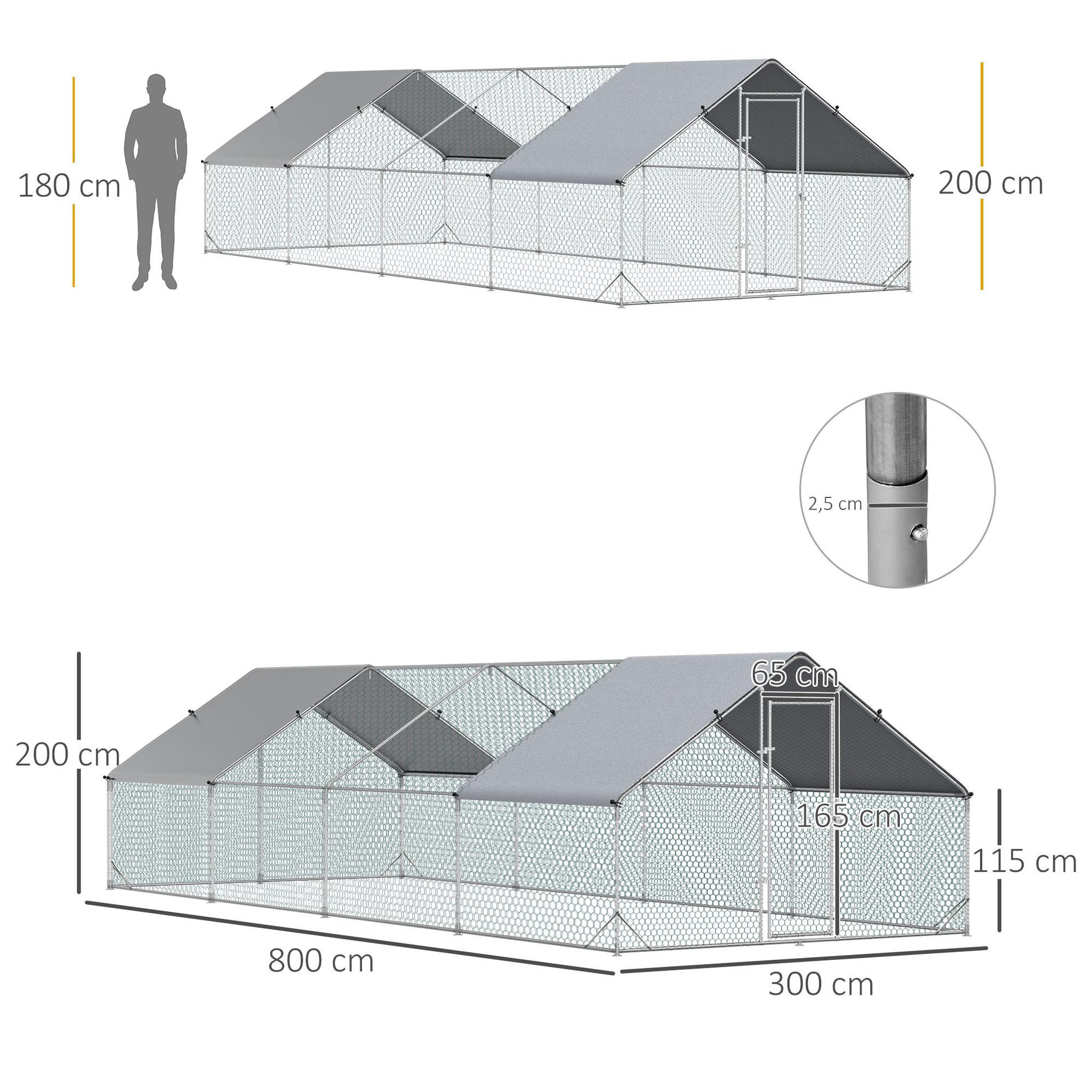 Voir la diapositive 3 : PAWHUT Enclos poulailler chenil 24 m² - parc grillagé dim. 8L x 3l x 2H m - double espace couvert - acier galvanisé