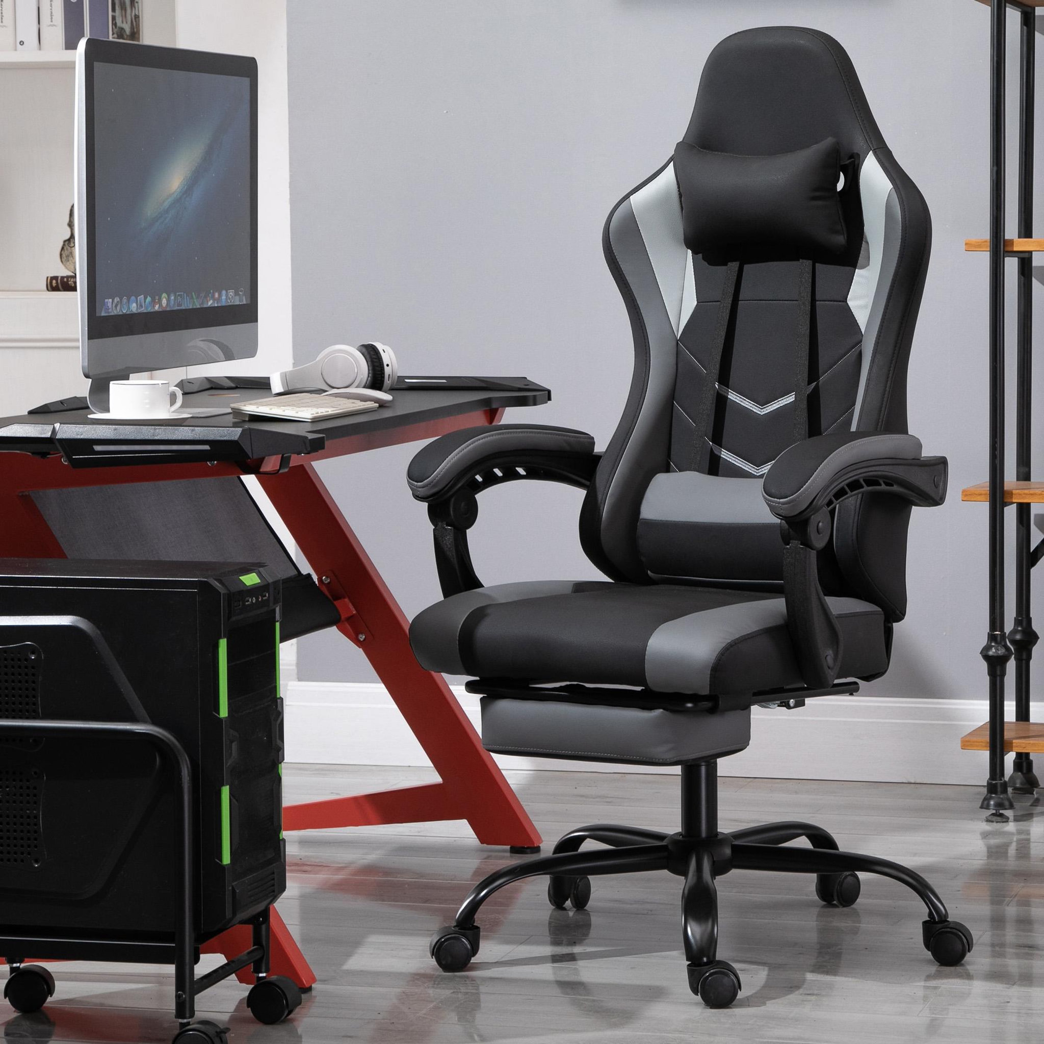 Voir la diapositive 2 : VINSETTO Vinsetto Fauteuil de bureau gamer style baquet racing - pivotant, inclinable - coussin lombaire, tétière, repose-pieds inclus - revêtement synthétique gris noir