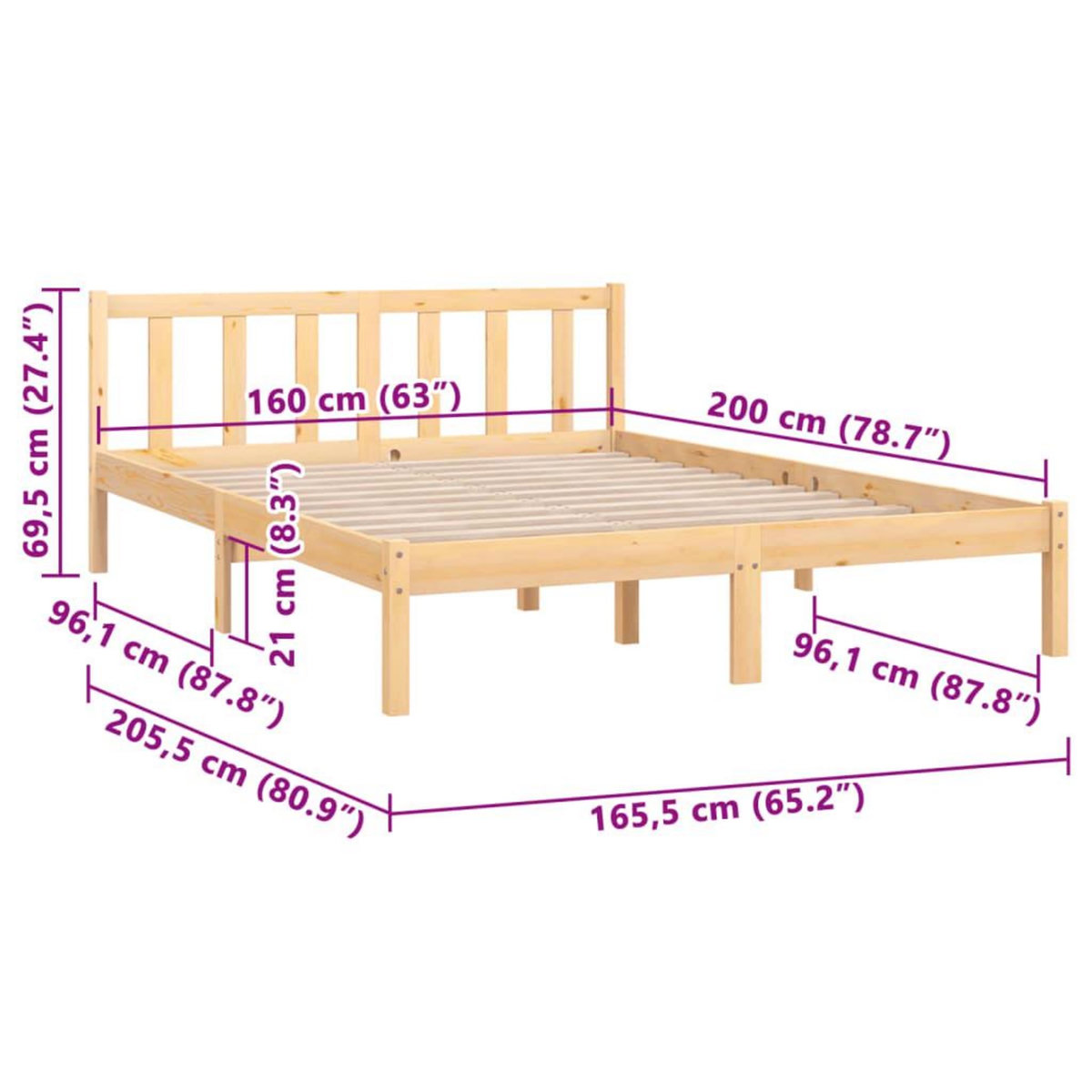 VIDAXL Cadre de lit sans matelas bois massif 160x200 cm