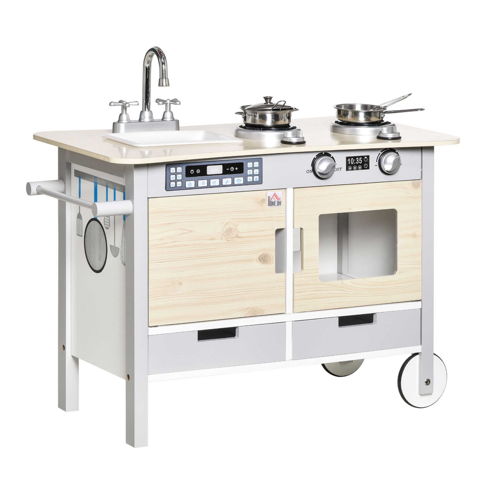 HOMCOM Cuisine desserte pour enfant 2 en 1 multi-équipement avec 5 accessoires acier inox. MDF aspect bois clair gris