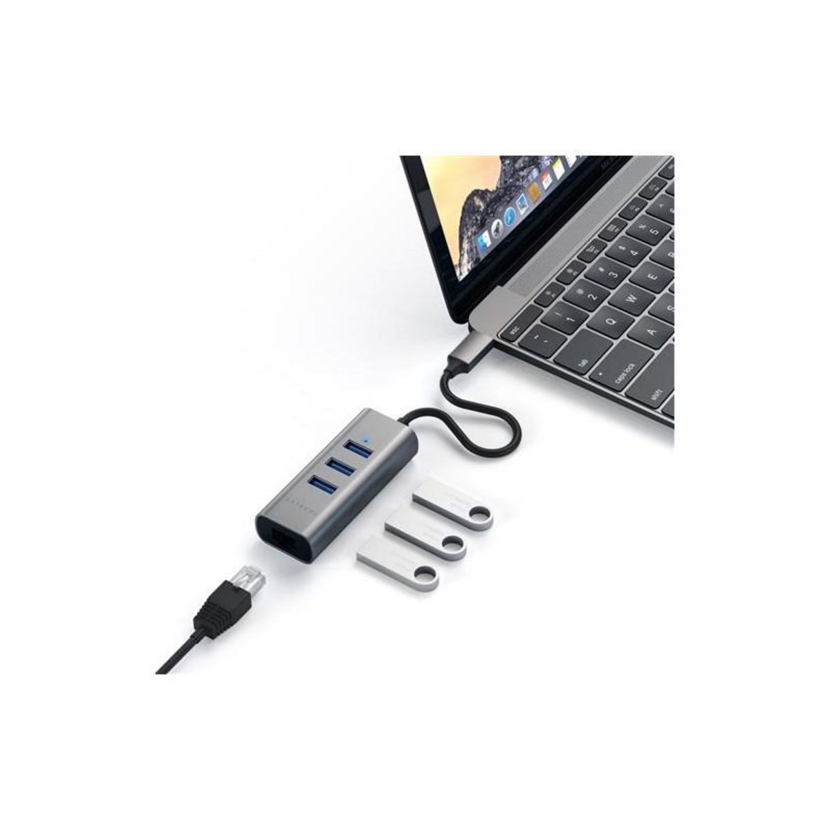 SATECHI Adaptateur Satechi USB C avec port Ethernet RJ45 + 3 ports USB Gris Sidéral