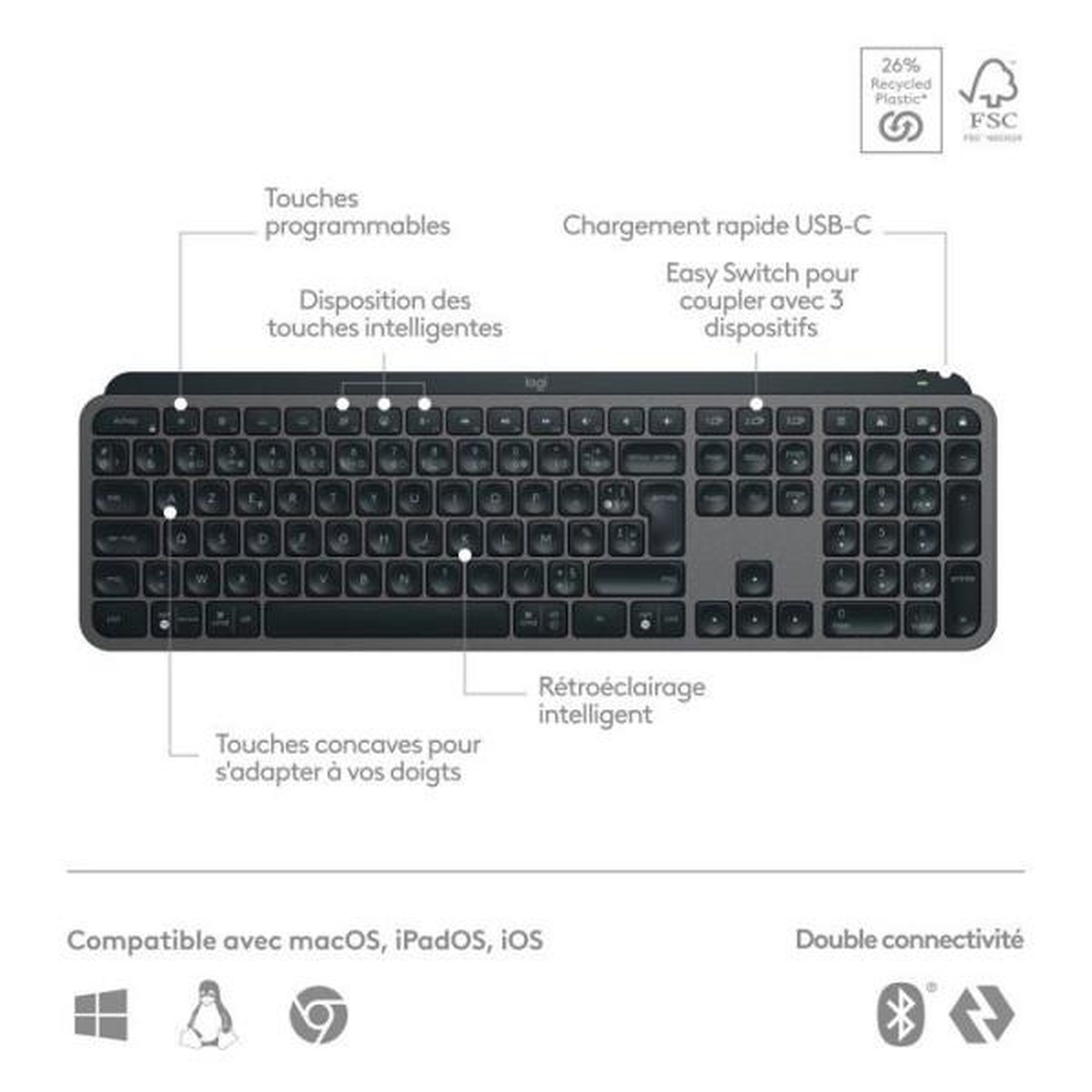 Voir la diapositive 6 : Logitech Clavier sans fil Azerty Logitech MX Keys S Plus Noir