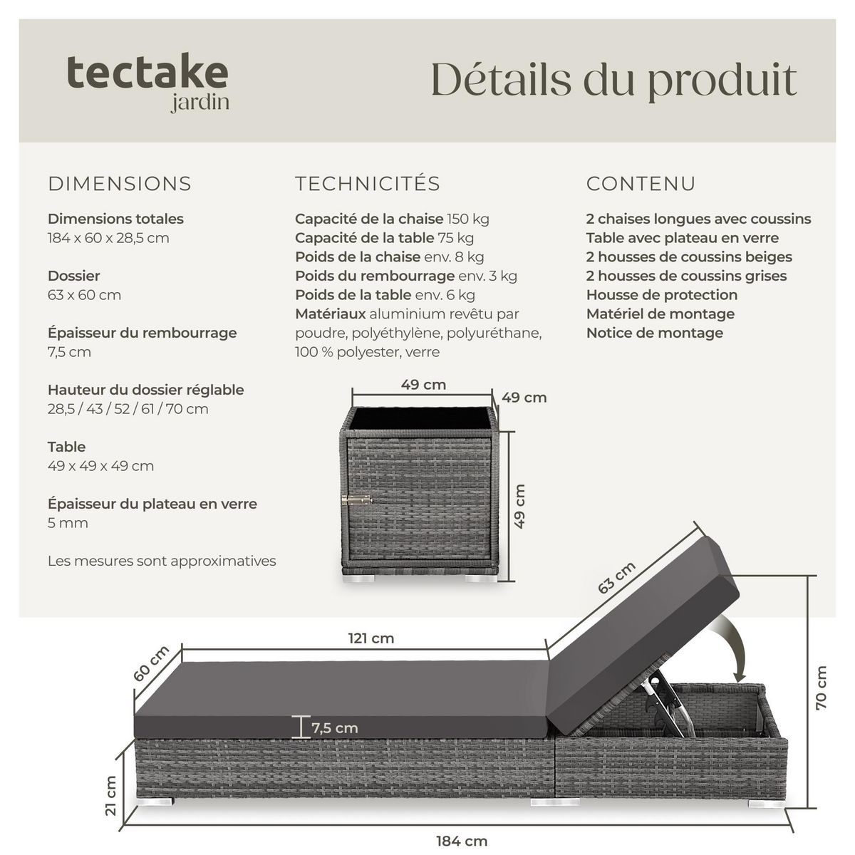 tectake Lot de 2 bains de soleil design luxueux avec cadre en aluminium gris