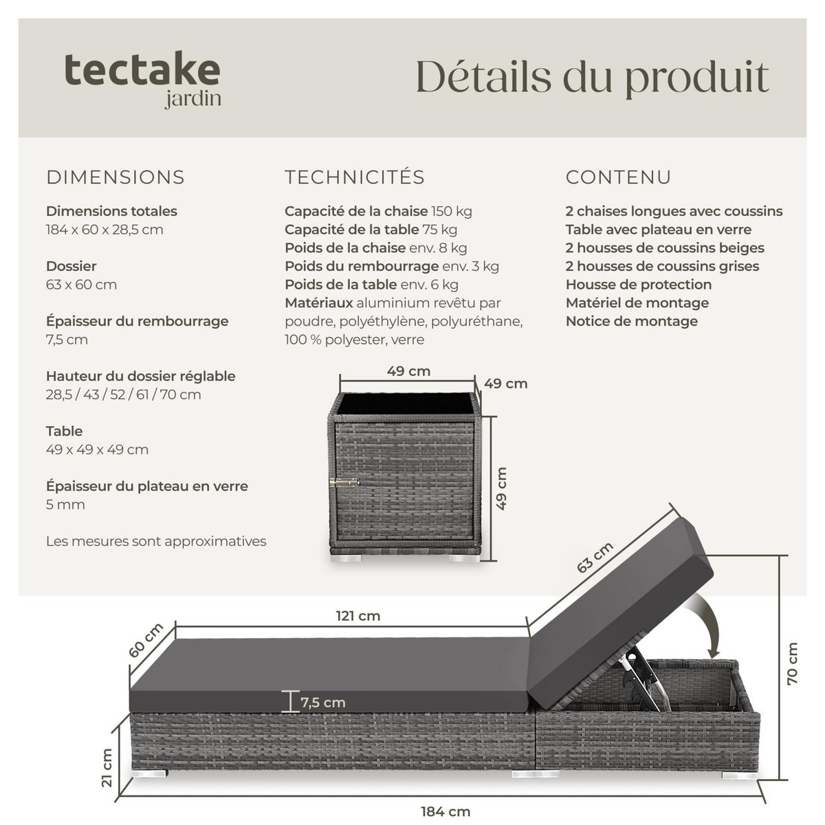 tectake Lot de 2 bains de soleil design luxueux avec cadre en aluminium gris