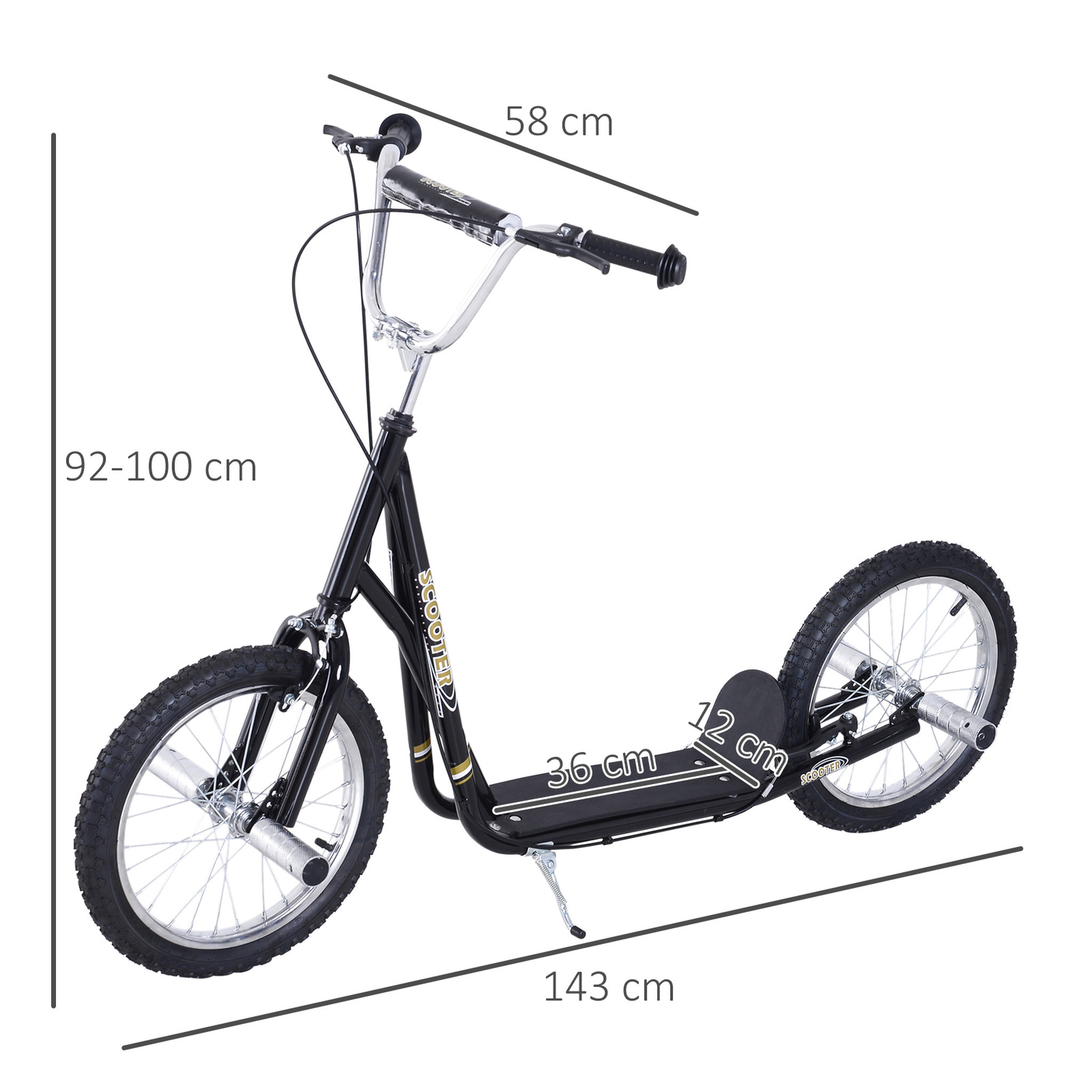 Voir la diapositive 3 : HOMCOM Trottinette patinette freestyle grandes roues pneumatiques Ø 41 cm hauteur guidon réglable béquille pegs inclus acier noir