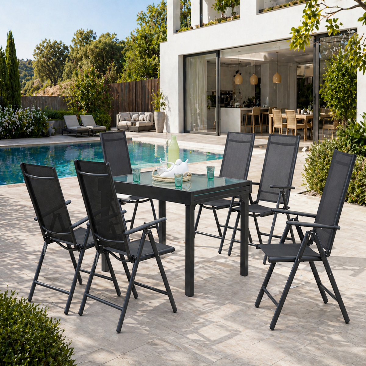 CONCEPT USINE Table de jardin extensible et 6 fauteuils en alu et toile PVC BRESCIA