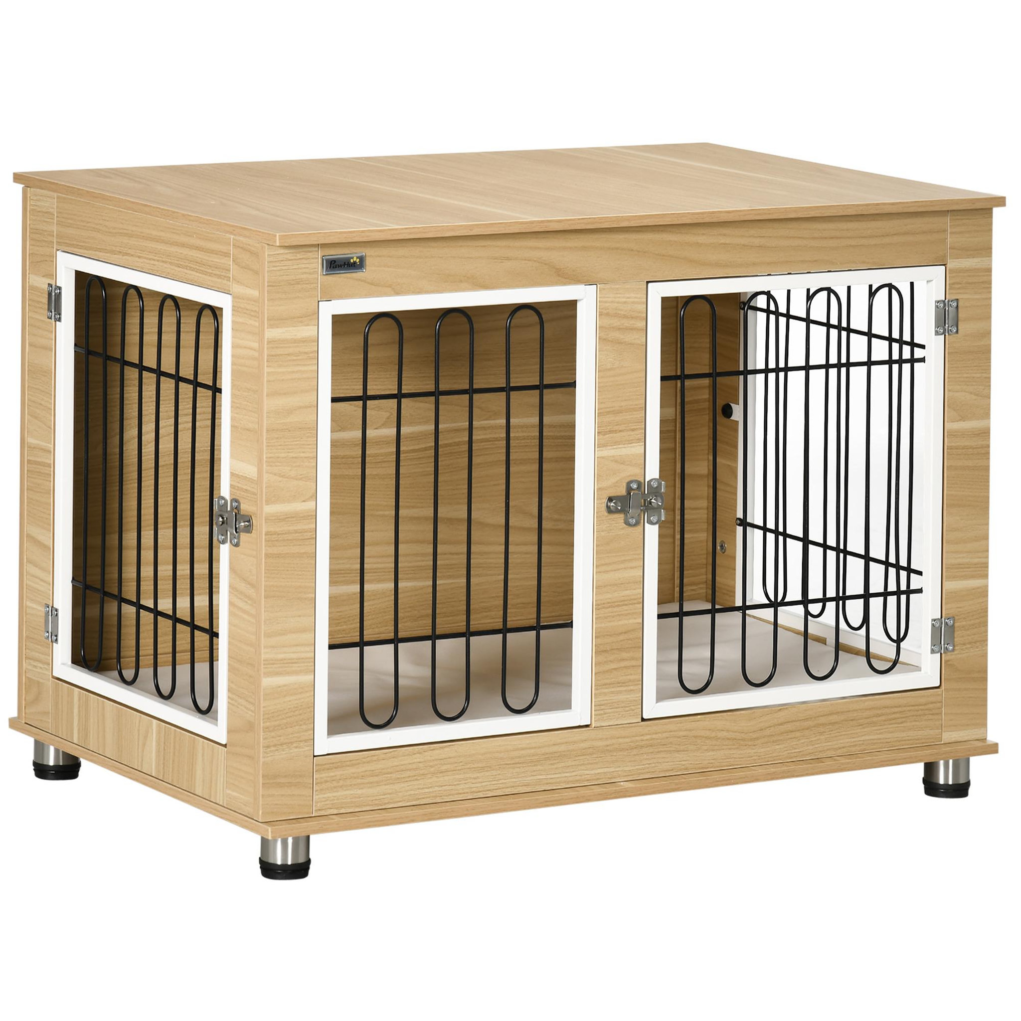 PAWHUT Cage pour chien sur pied - 2 portes verrouillables, coussin déhoussable inclus - acier filaire noir panneaux aspect bois clair