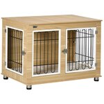 PAWHUT Cage pour chien sur pied - 2 portes verrouillables, coussin déhoussable inclus - acier filaire noir panneaux aspect bois clair