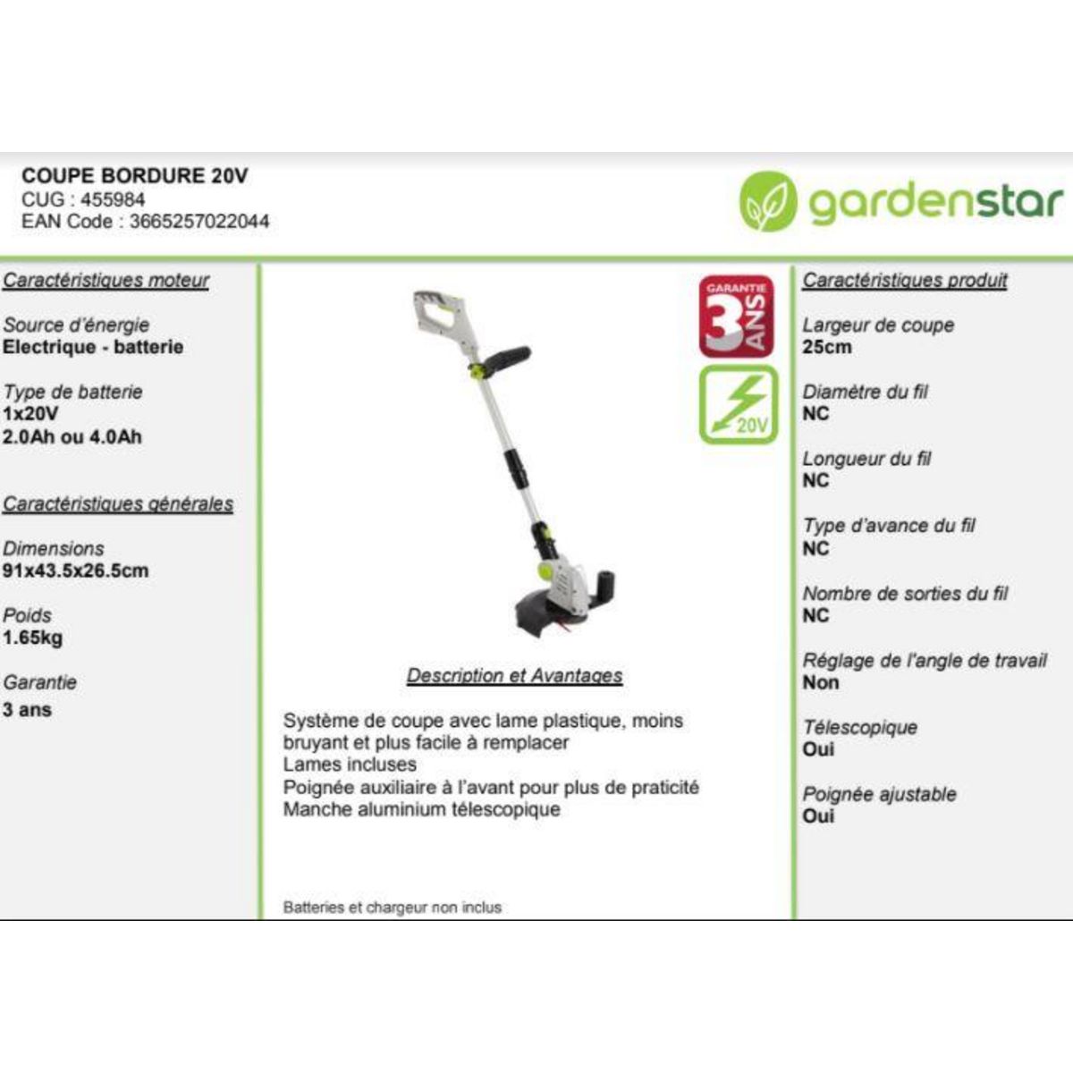 GARDENSTAR Coupe bordures télescopique 20 V