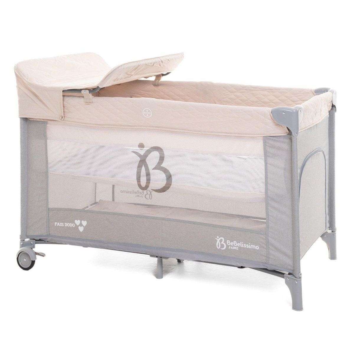 BEBELISSIMO BEBELISSIMO - Lit parapluie bébé - lit pliant - dès la naissance - Fais dodo  - table à langer et jouets - beige/gris
