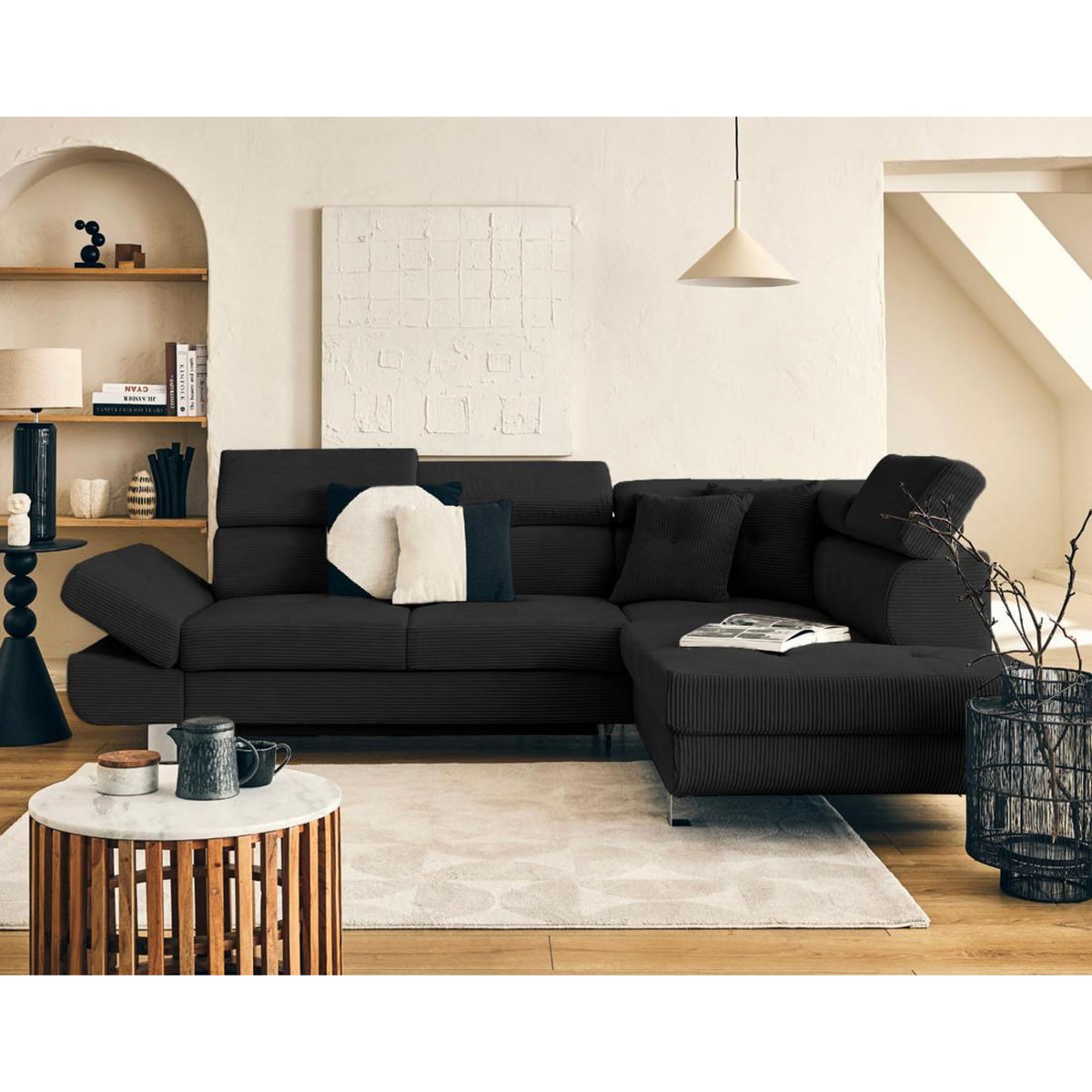 BEST MOBILIER Lisbona - canapé d'angle droit 5 places convertible avec têtières en velours côtelé