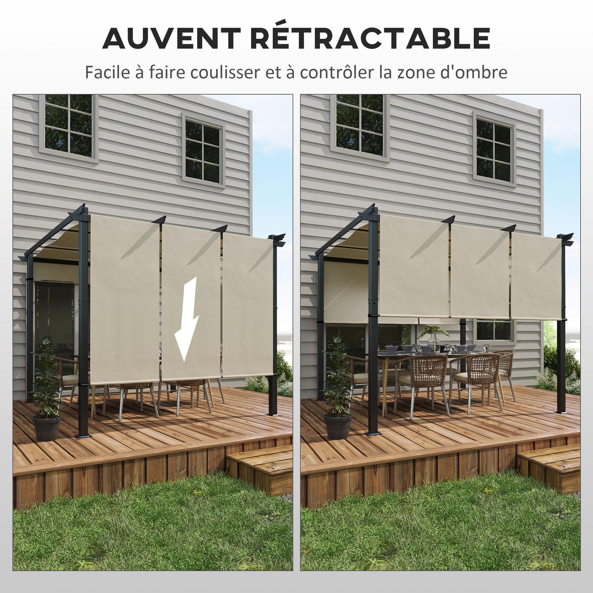 Voir la diapositive 5 : OUTSUNNY Pergola 3 toiles coulissantes - dim. 2,97L x 2,97l x 2,38H m - acier époxy polyester haute densité beige