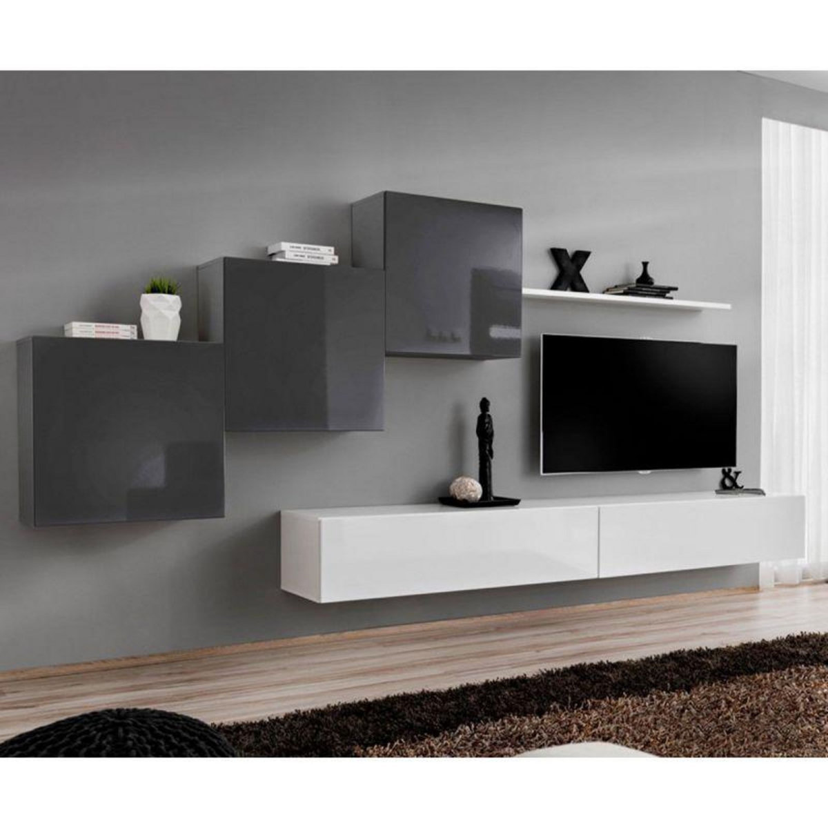 Paris Prix Meuble TV Mural Design  Switch X  330cm Gris & Blanc