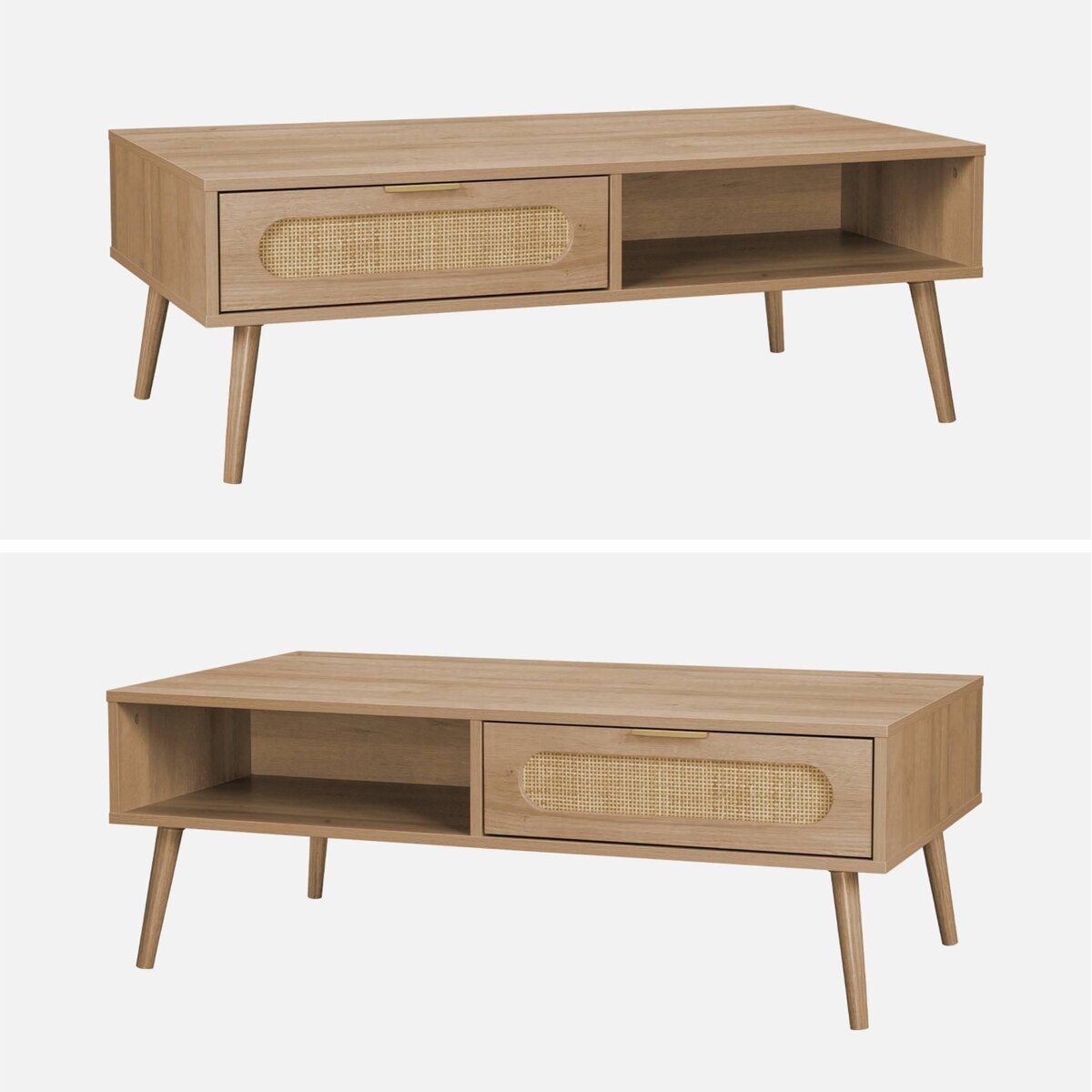 SWEEEK Table basse. Eva.  scandinave en cannage arrondi et en décor bois. 1 tiroir réversible L110 x l59 x H39cm