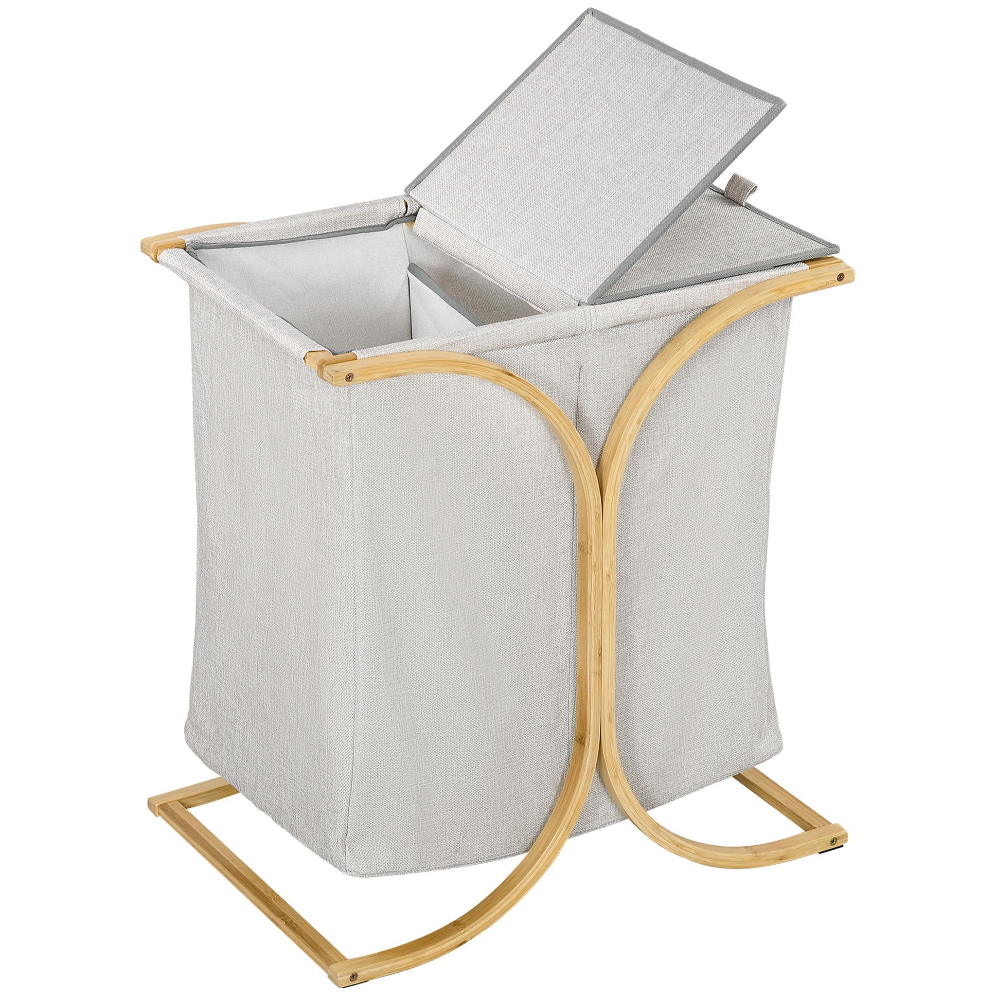 Voir la diapositive 1 : HOMCOM Panier à linge corbeille à linge bac linge sale 2 paniers bambou polyester gris