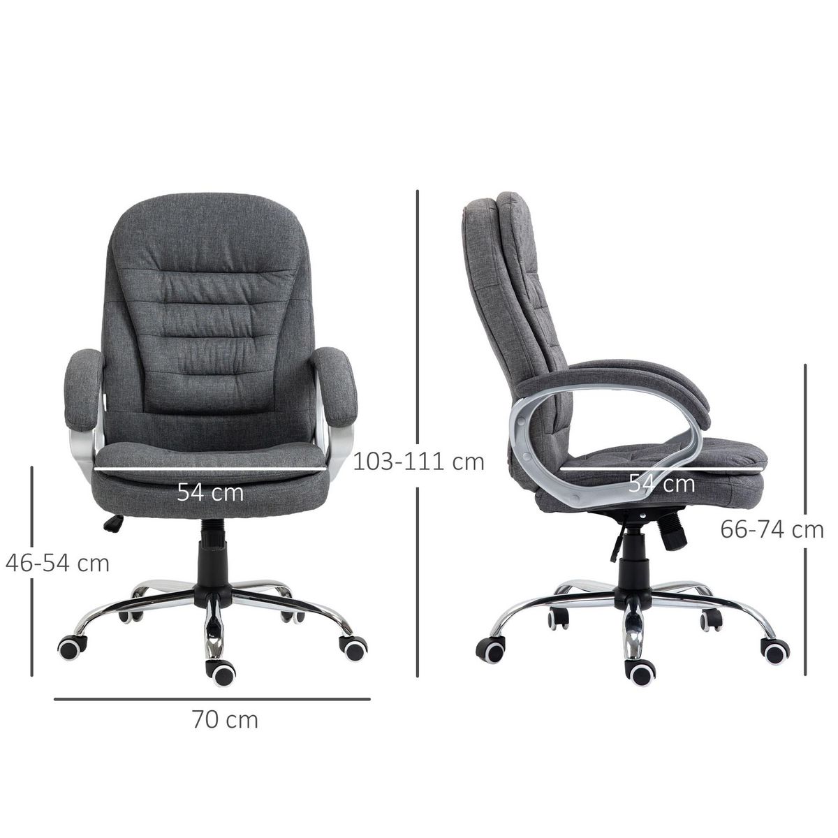 HOMCOM Fauteuil de bureau manager chaise de bureau ergonomique double coussin réglable roulettes toile lin gris foncé