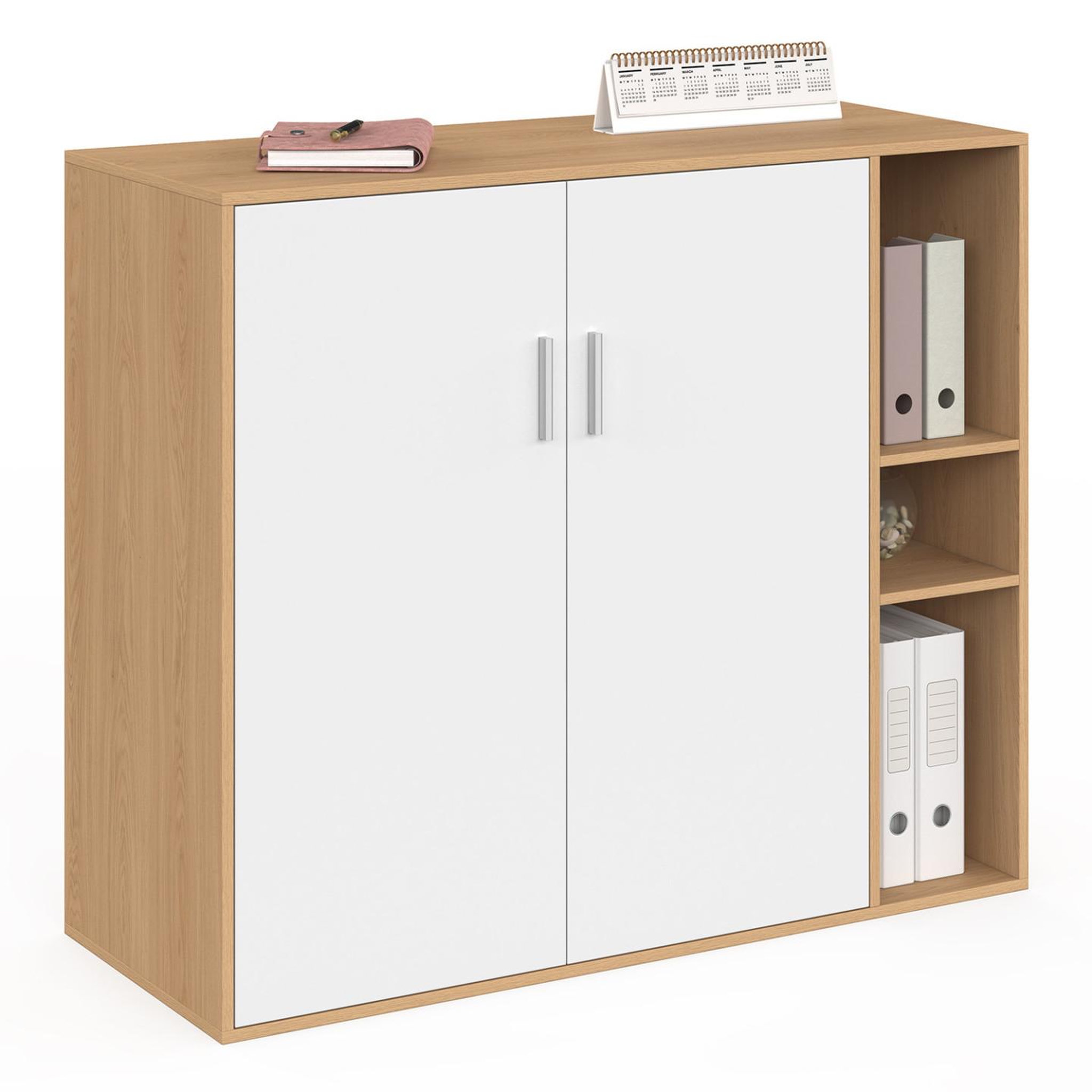ID MARKET Armoire basse de bureau MARIA 2 portes et étagères bois et blanc