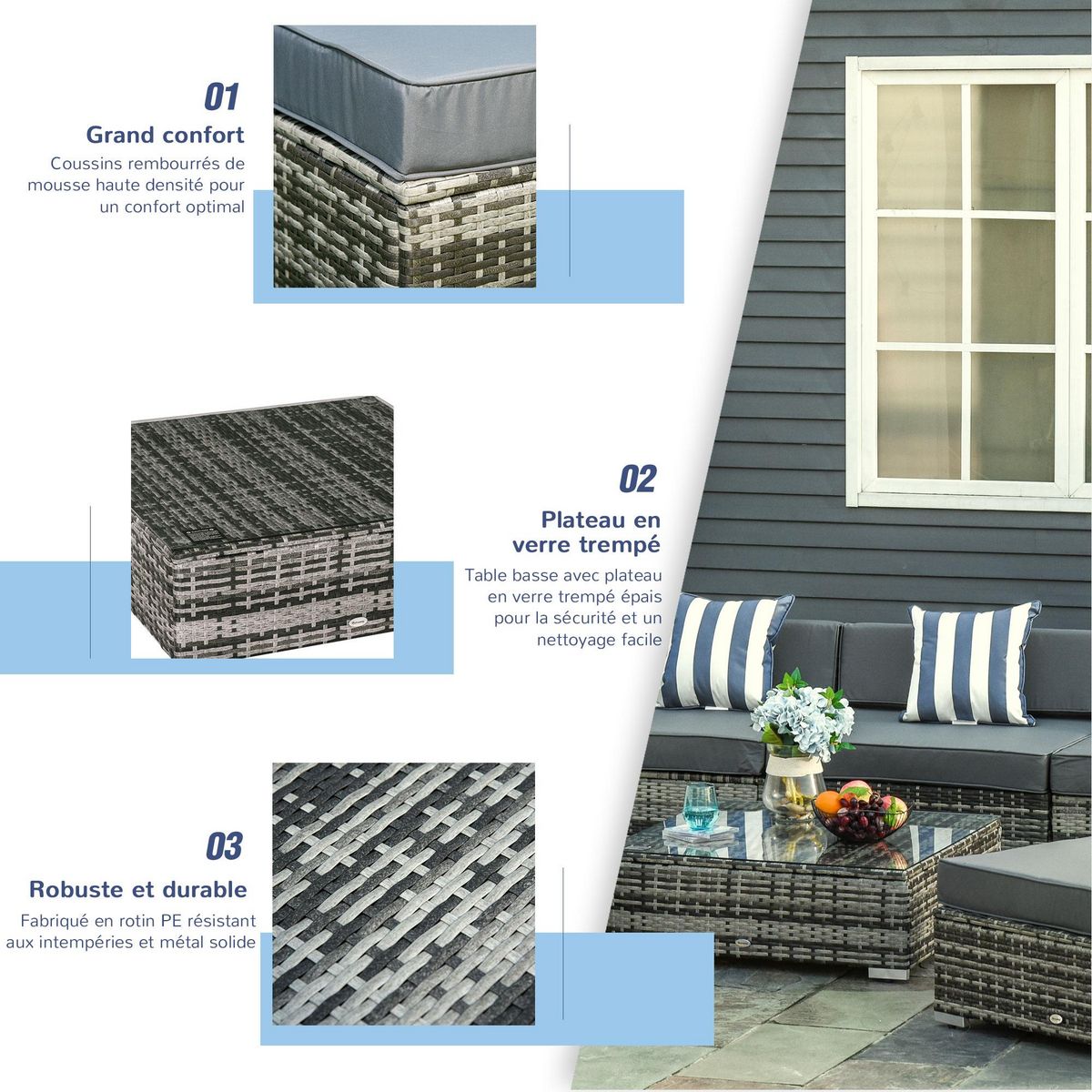 OUTSUNNY Ensemble salon de jardin 5 places 6 pièces modulables plateau verre trempé coussins déhoussables résine tressée imitation rotin gris