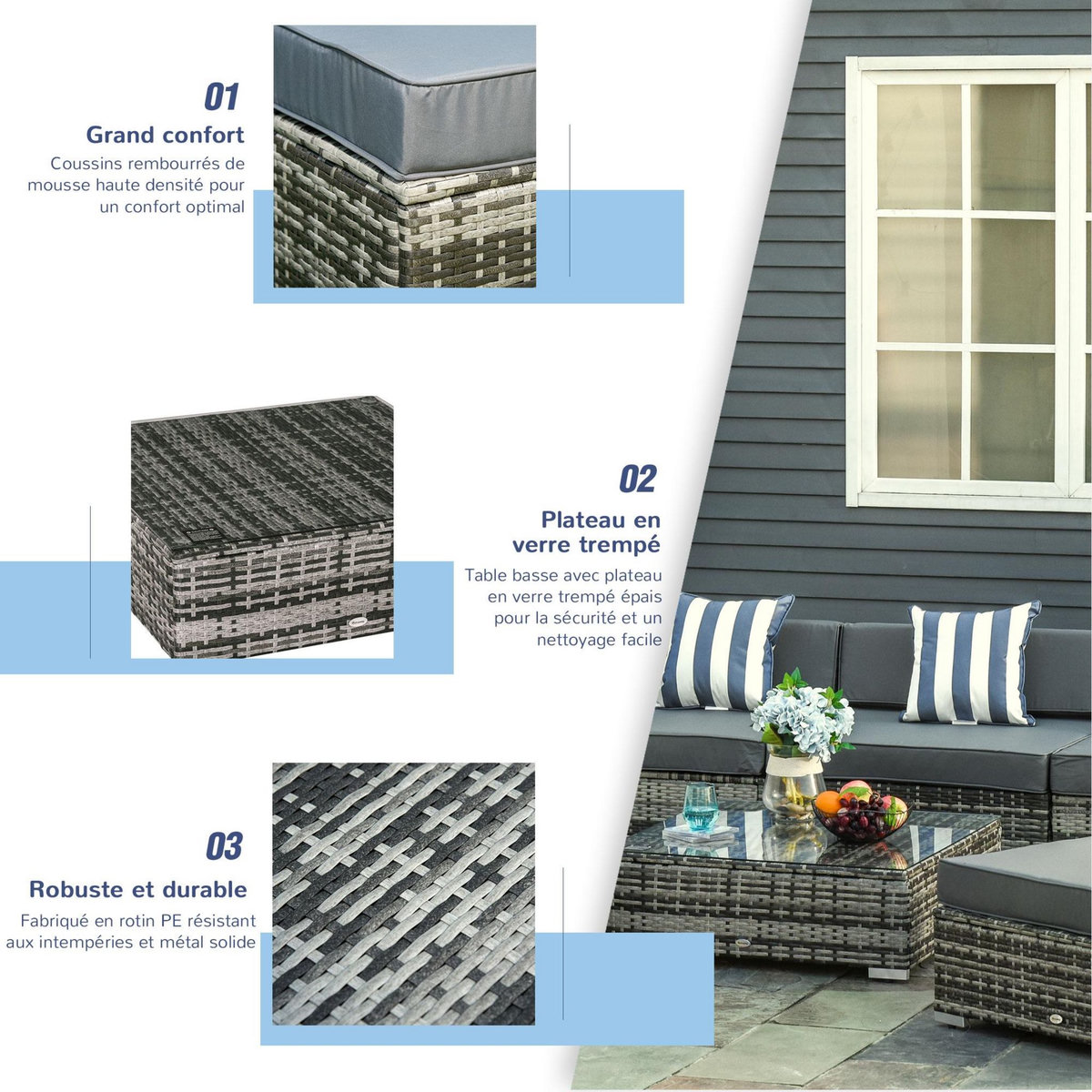 OUTSUNNY Ensemble salon de jardin 5 places 6 pièces modulables plateau verre trempé coussins déhoussables résine tressée imitation rotin gris