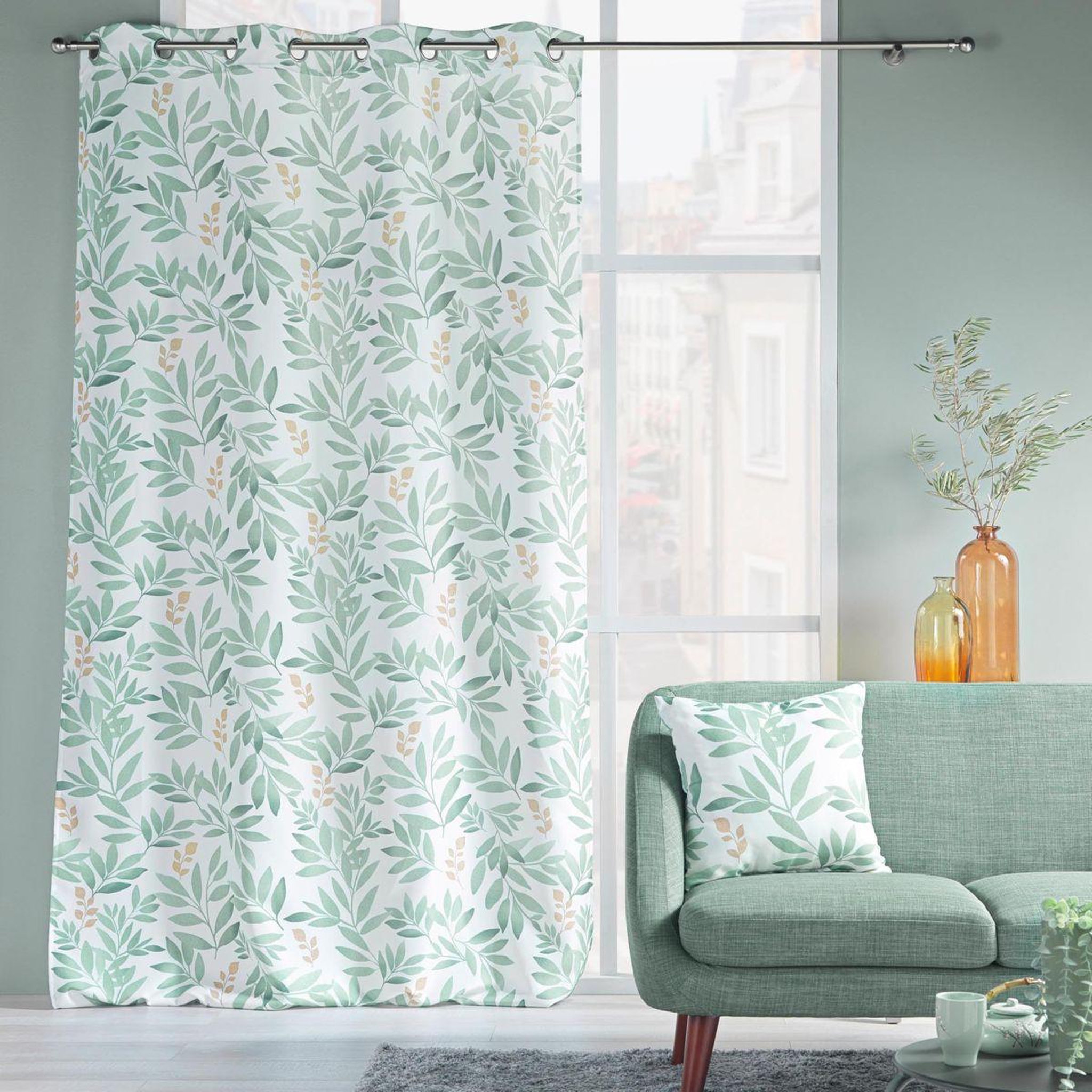 Voir la diapositive 5 : Douceur d'Intérieur Rideau à œillets imprimé  biovana  140x260cm vert & blanc