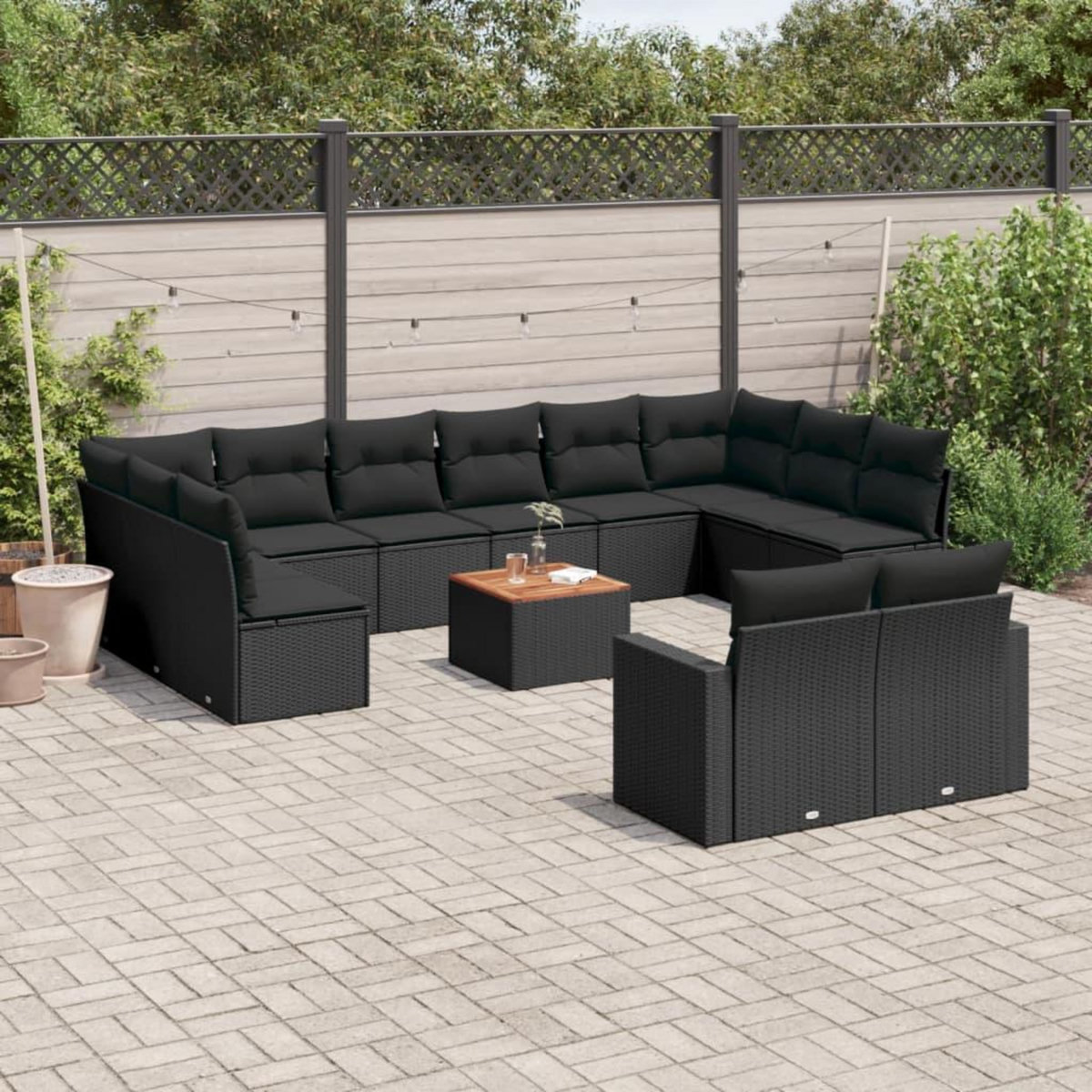 VIDAXL Salon de jardin avec coussins 13 pcs noir resine tressee