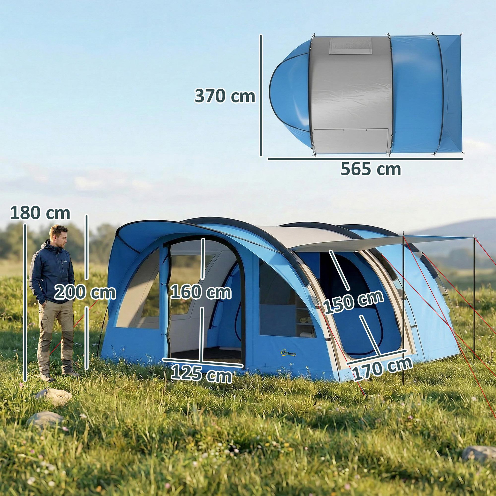 Voir la diapositive 3 : OUTSUNNY Tente camping tunnel 4 pers. Imperméable 3000mm - 5,65x3,70x2m - bleu