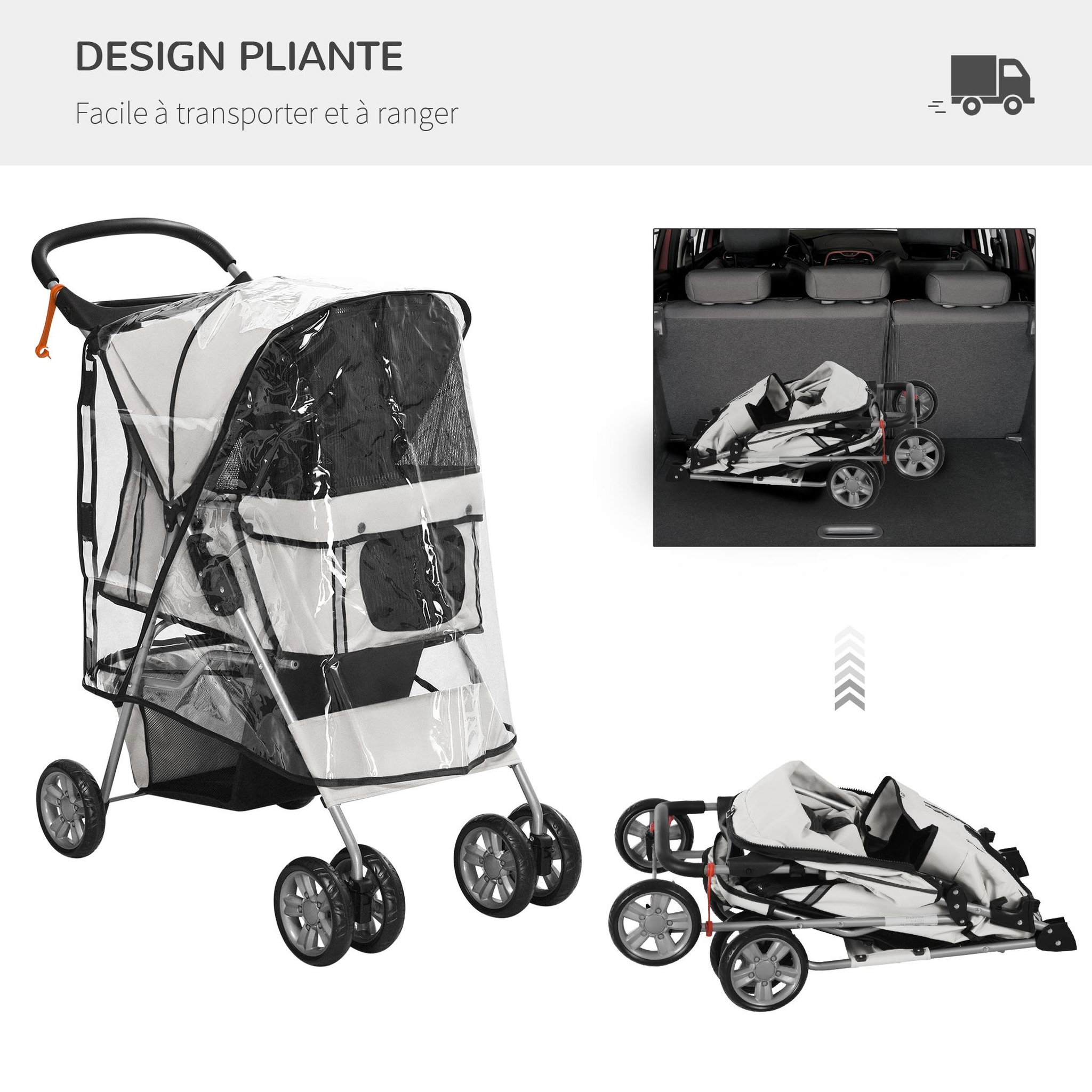 Voir la diapositive 4 : PAWHUT Poussette buggy pliable animaux chariot pliant chien chat porte-gobelet panier de rangement inclus roues avec frein tissu 600d oxford métal gris