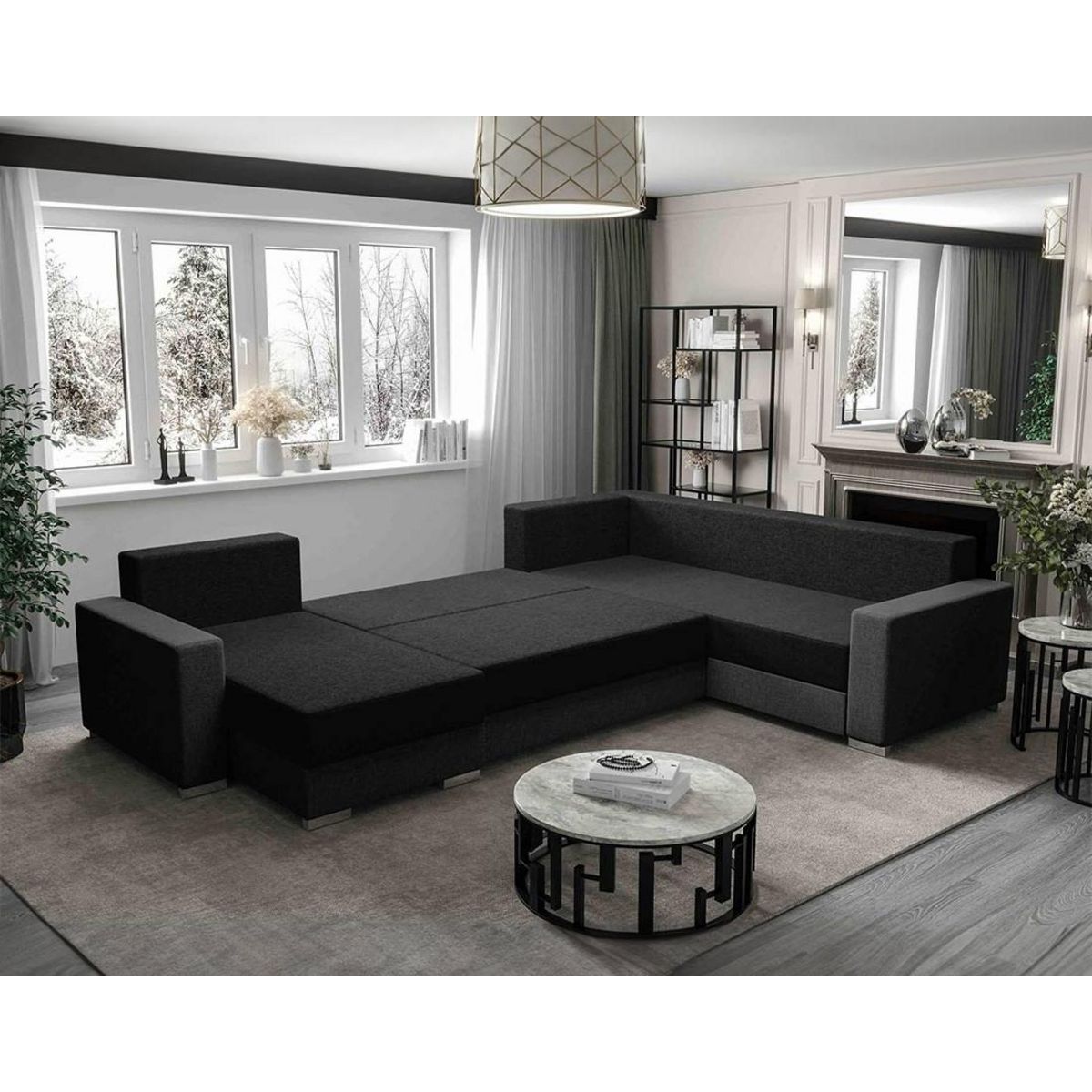 BEST MOBILIER Leslie - canapé panoramique d'angle réversible 7 places convertible avec coffre en tissu