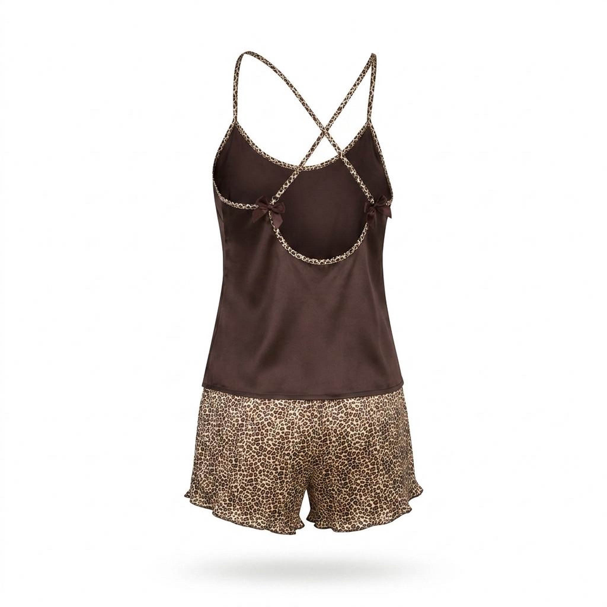 Voir la diapositive 3 : OZABI OZABI Pack 2 Pyjamas Femme Satinés, Débardeur Bretelles Léopard, Short Léopard