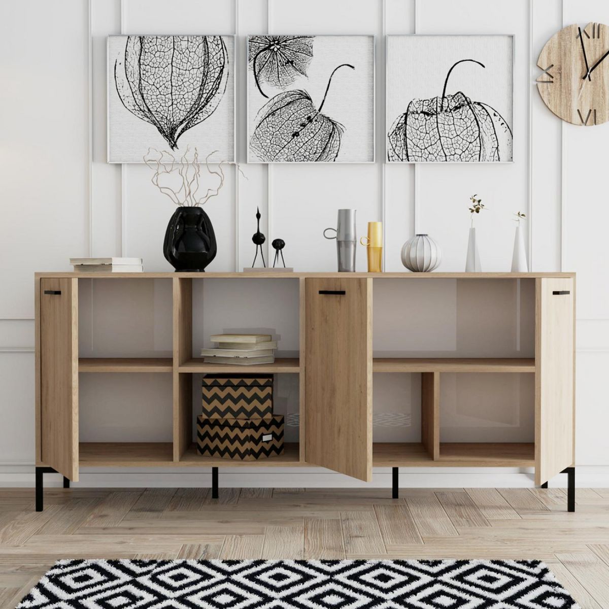 CONCEPT USINE Buffet 3 portes et 2 niches finition bois et métal noir 180x80cm AURA