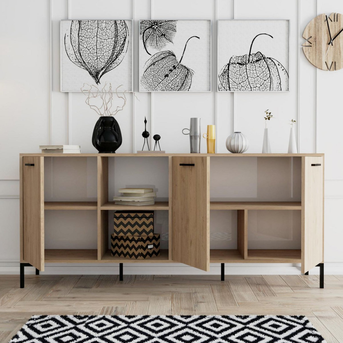 CONCEPT USINE Buffet 3 portes et 2 niches finition bois et métal noir 180x80cm AURA