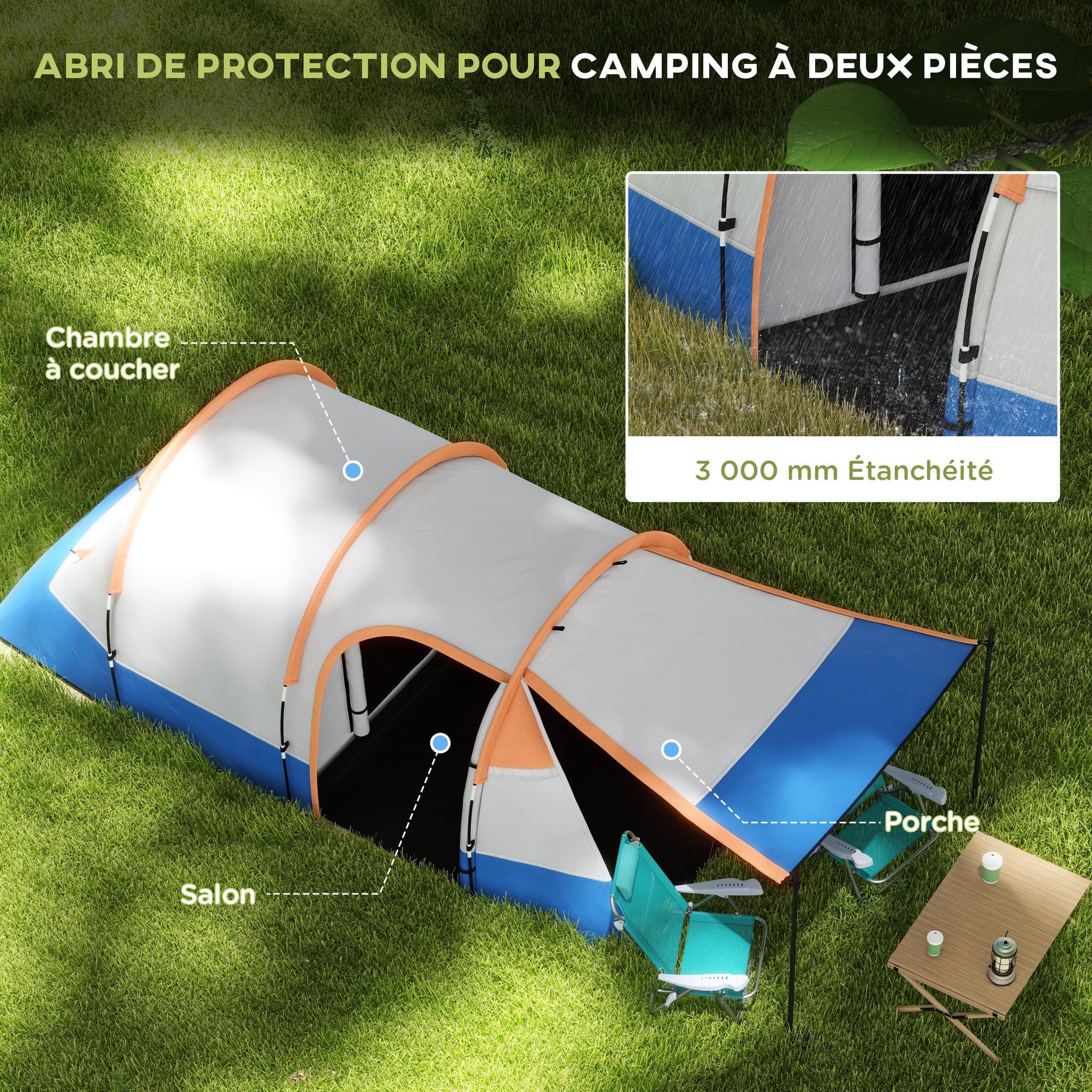 Voir la diapositive 4 : OUTSUNNY Tente de camping 2-3 pers. Porche étanche 2000 mm 3 portes sac de transport orange