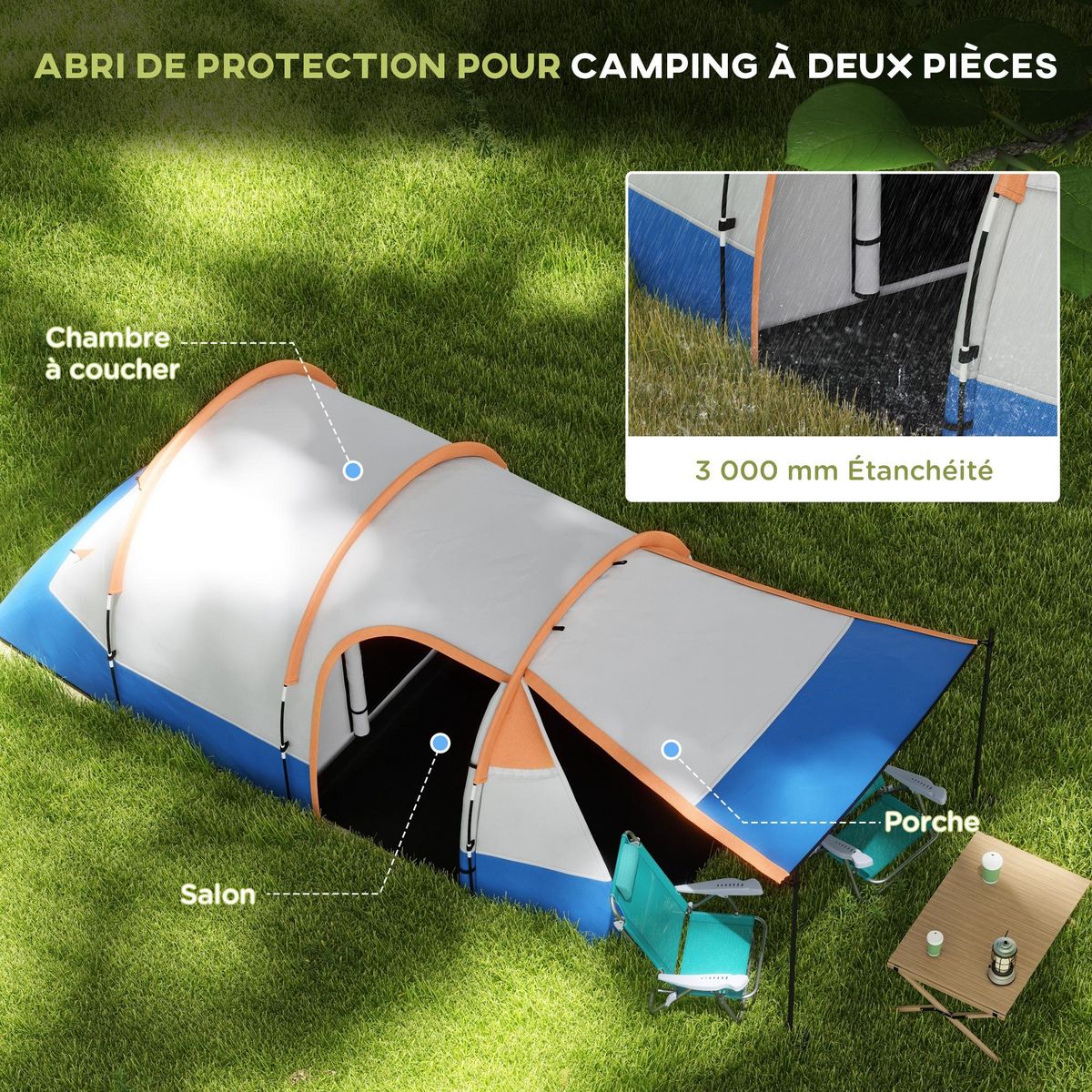 OUTSUNNY Tente de camping 2-3 pers. porche étanche 2000 mm 3 portes sac de transport orange