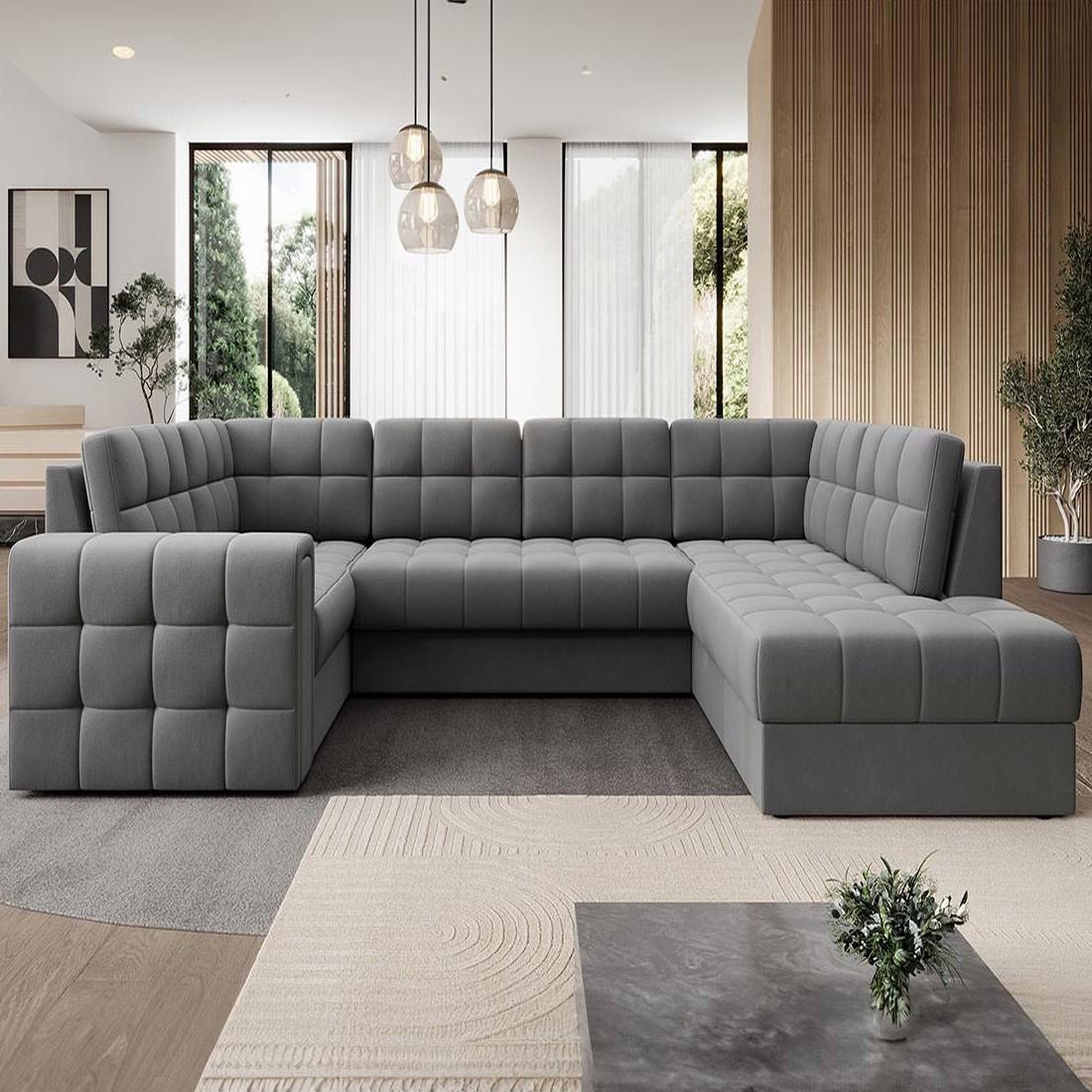 Voir la diapositive 4 : BEST MOBILIER Nappa - canapé panoramique d'angle gauche 7 places convertible avec coffre en velours