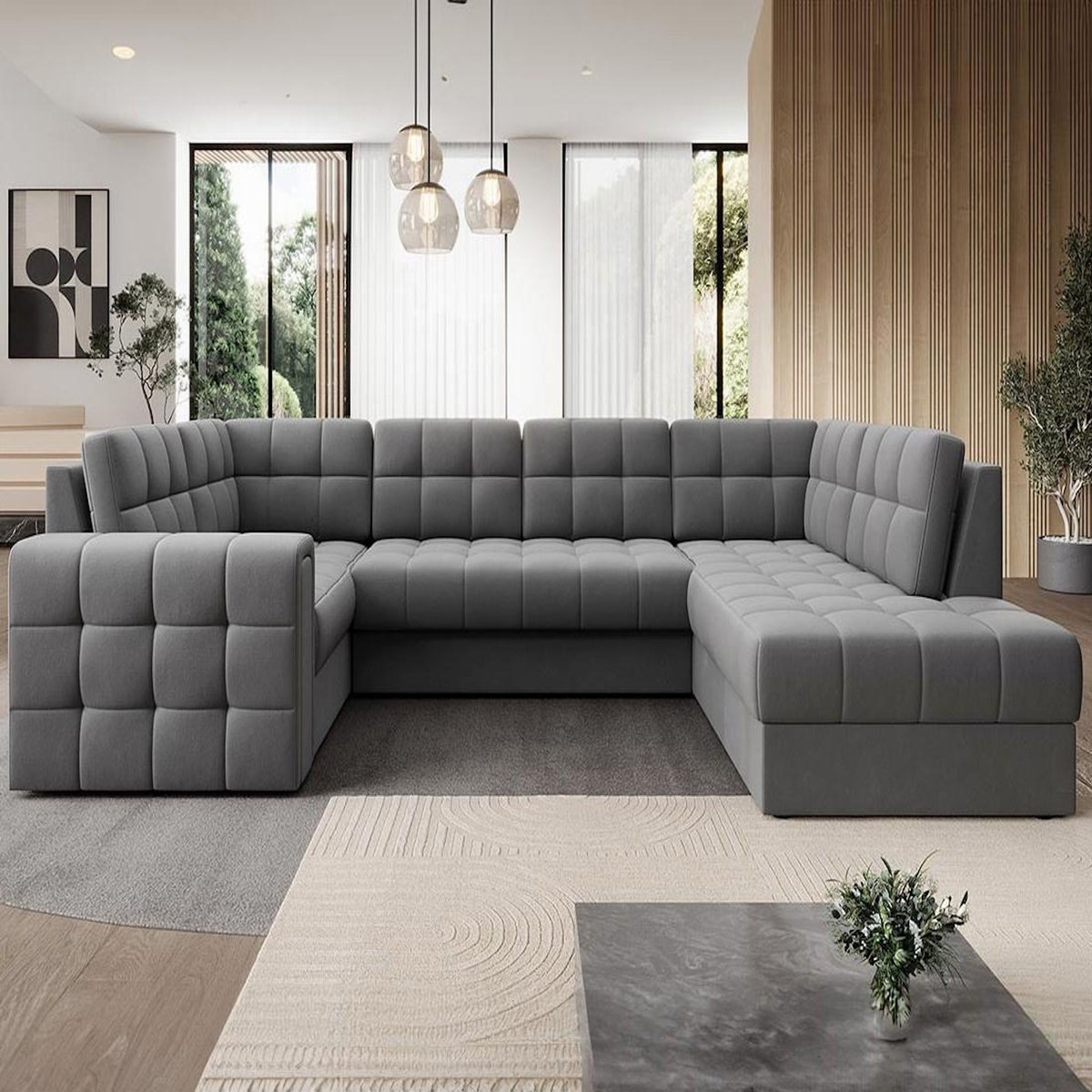 BEST MOBILIER Nappa - canapé panoramique d'angle gauche 7 places convertible avec coffre en velours